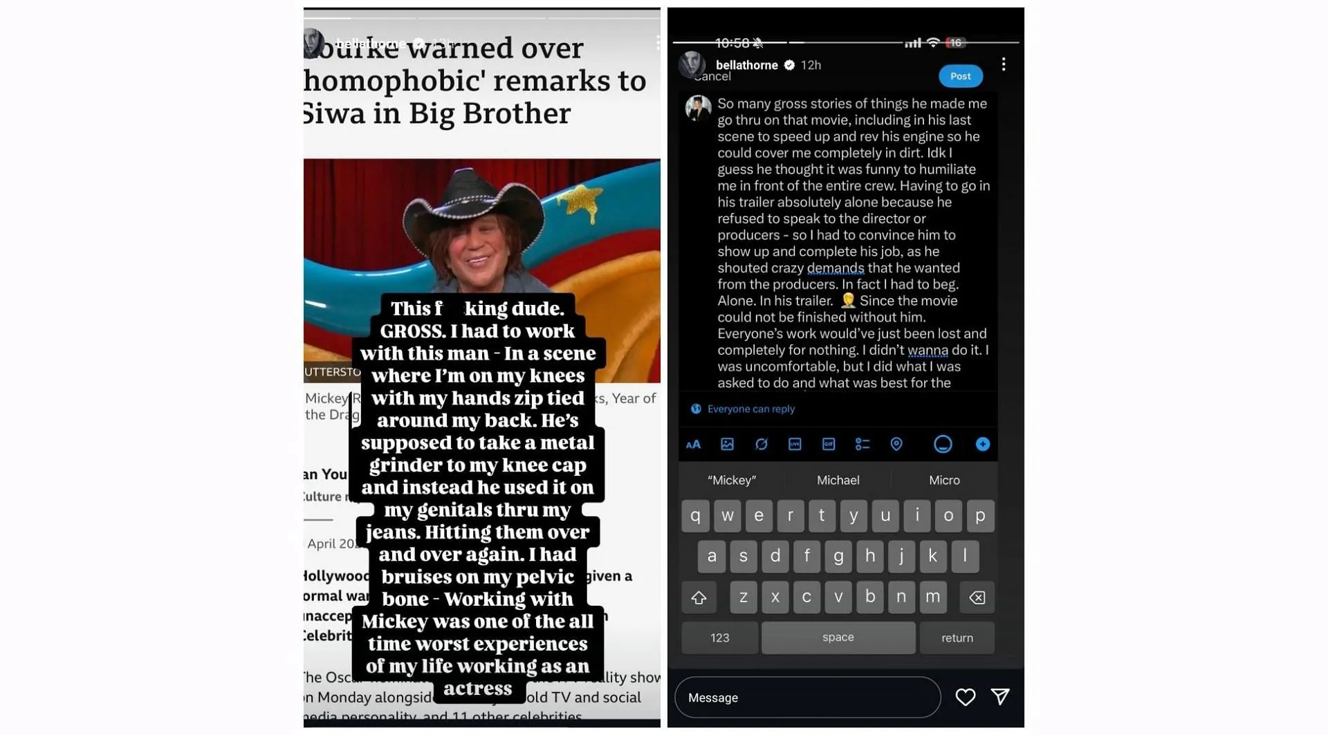 Bella Thorne alleges Mickey Rourke left bruises on her genitals on the set of Girl (Image via Instagram/@bellathorne) Bella Thorne alleges Mickey Rourke left bruises on her genitals on the set of Girl (Image via Instagram/@bellathorne)