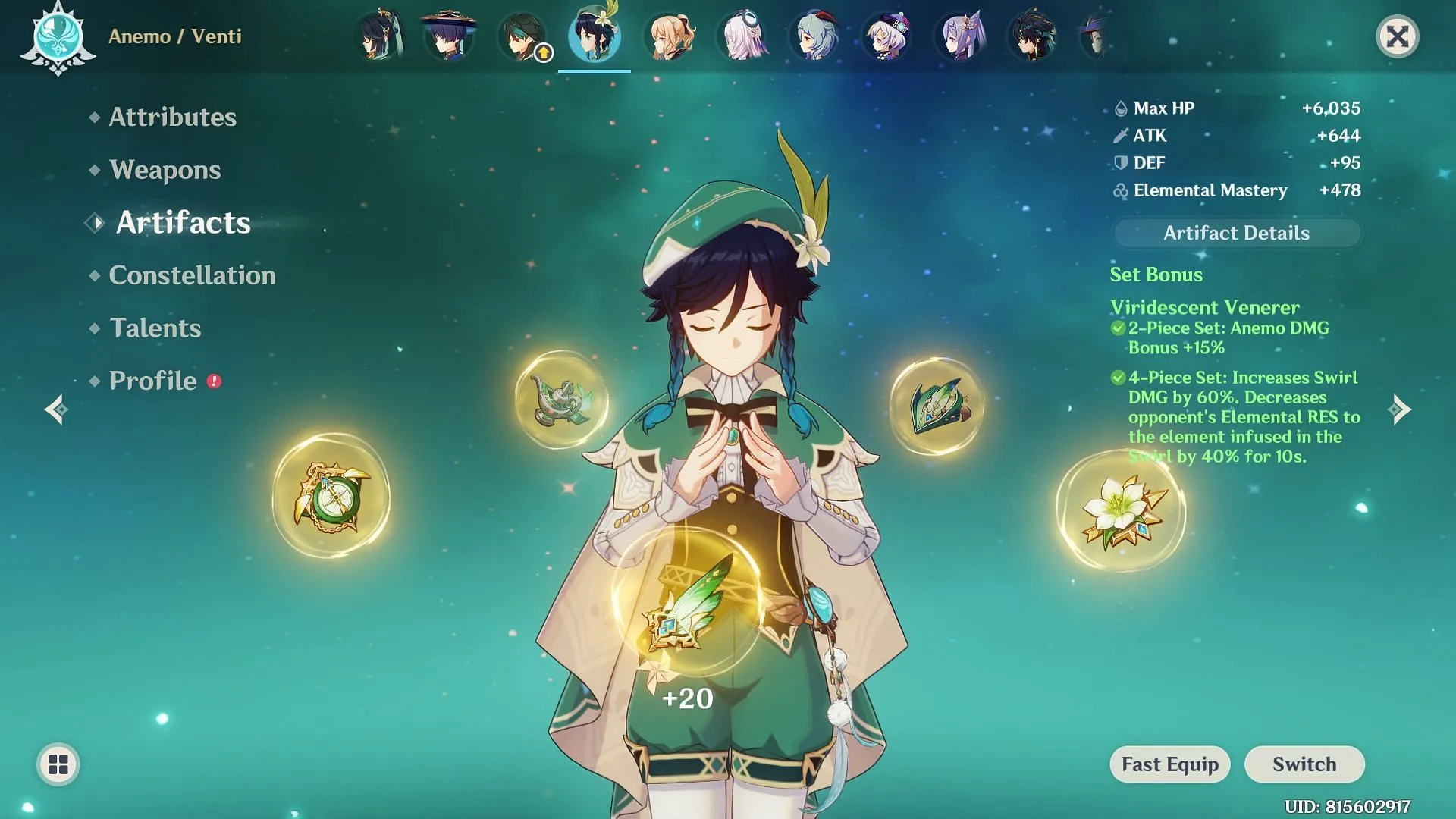 Venti using the Viridescent Venerer artifact set (Image via HoYoverse) Venti using the Viridescent Venerer artifact set (Image via HoYoverse)