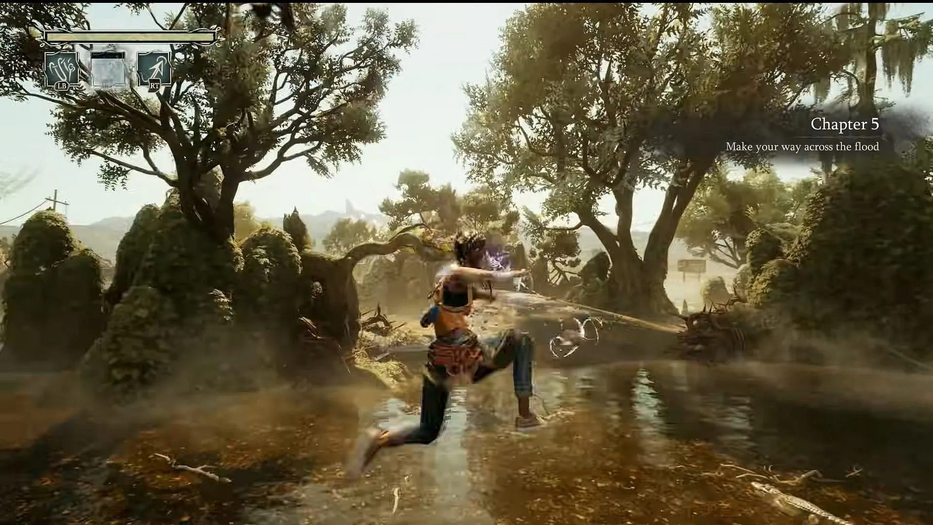 Hazel maneuvering to the next objective while avoiding water (Image via Xbox Game Studios || YouTube/@Maka91Productions)