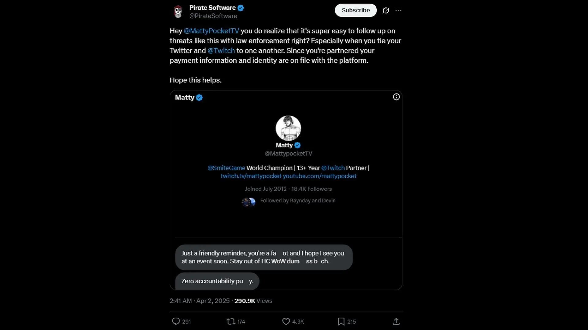 Thor shared his private messages from MattyPocketTV