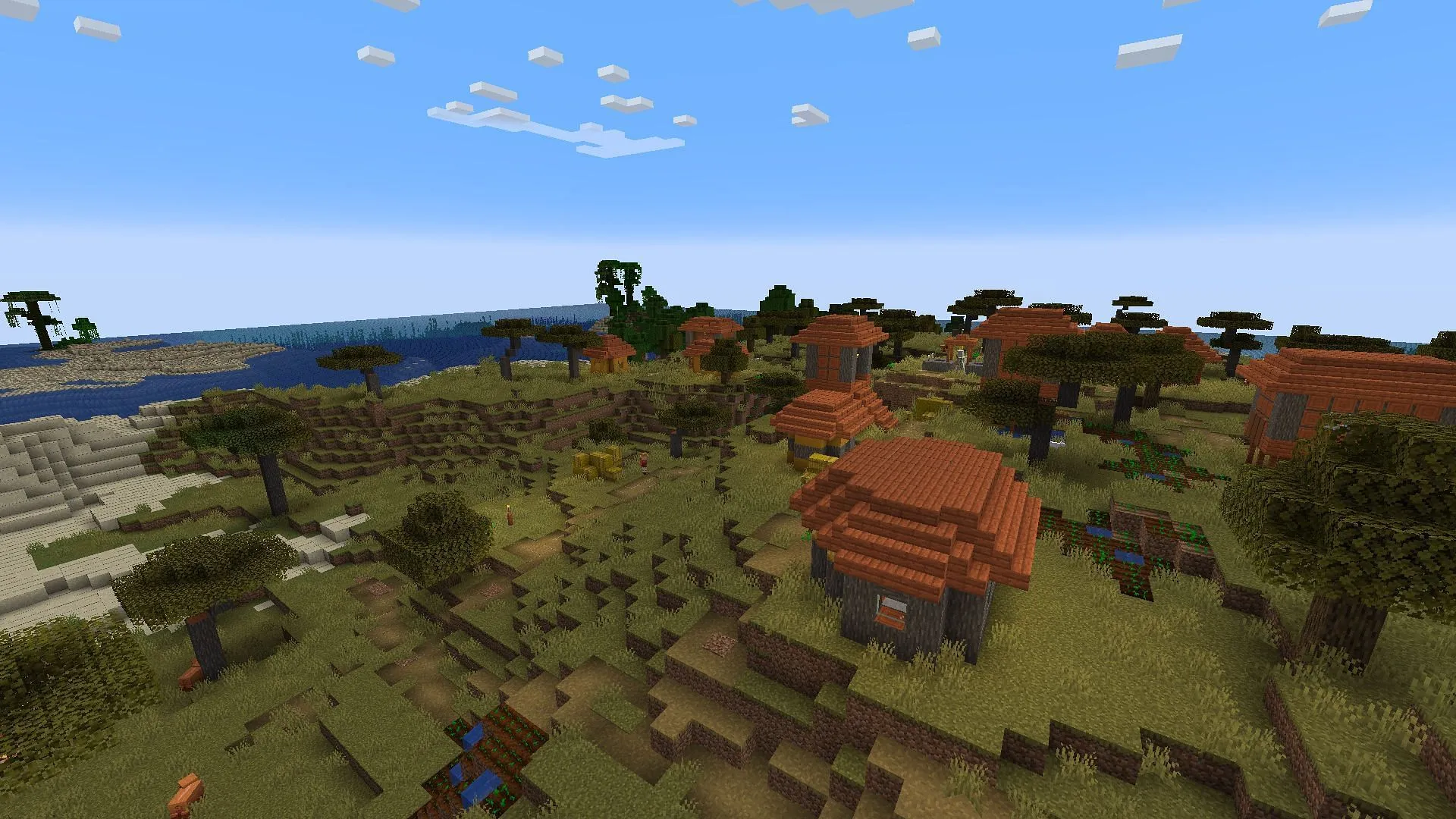 Seaside village offers an array of resources and mobs (Image via Sportskeeda Gaming || Mojang Studios) Seaside village offers an array of resources and mobs (Image via Sportskeeda Gaming || Mojang Studios)