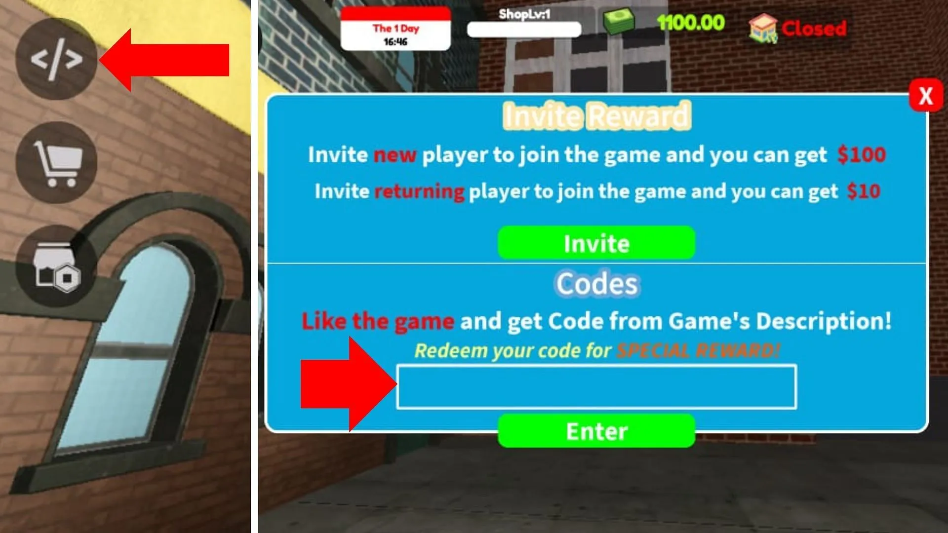 Enter codes accurately to claim rewards (Image via Roblox)
