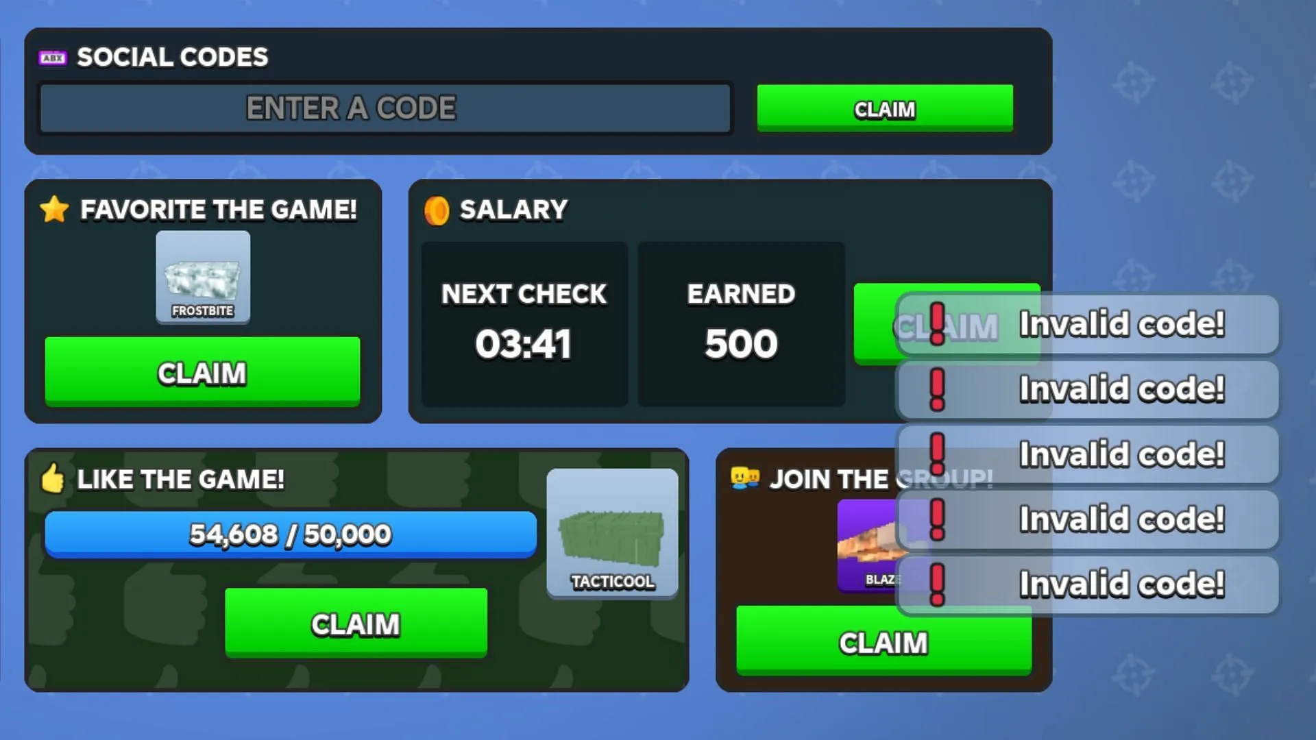 The 'Invalid code!' error in Combat Arena (Image via Roblox)