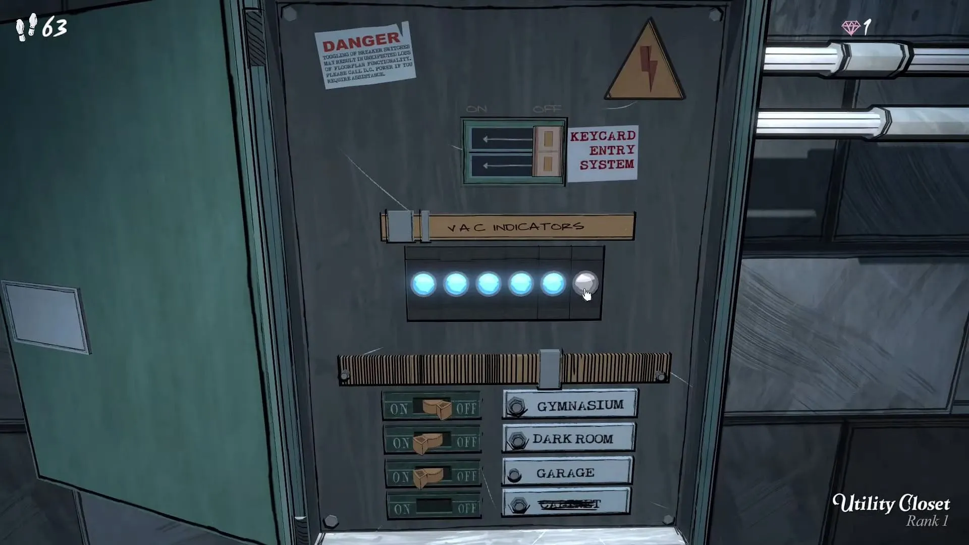 Utility Closet puzzle fusebox in Blue Prince (Image via Raw Fury // YouTuber@SmoKing)