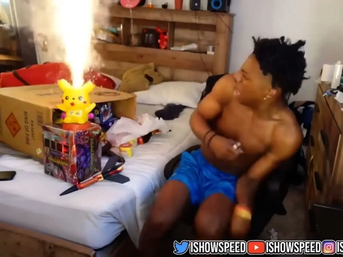 IShowSpeed lights fireworks inside his room (Image via YouTube/@Live Speedy)