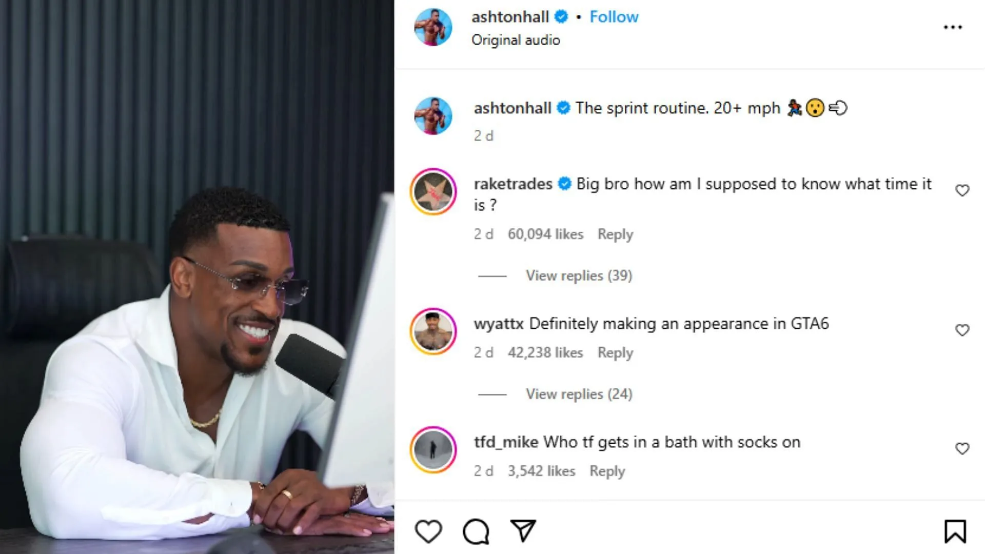 A still from the Ashton Hall Instagram reel in question (Image via Instagram/@ashtonhall)