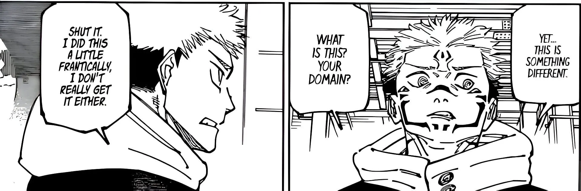 Itadori Yuji and Ryomen Sukuna inside the protagonist's domain expansion (Image via Gege Akutami/Shueisha) Itadori Yuji and Ryomen Sukuna inside the protagonist's domain expansion (Image via Gege Akutami/Shueisha)
