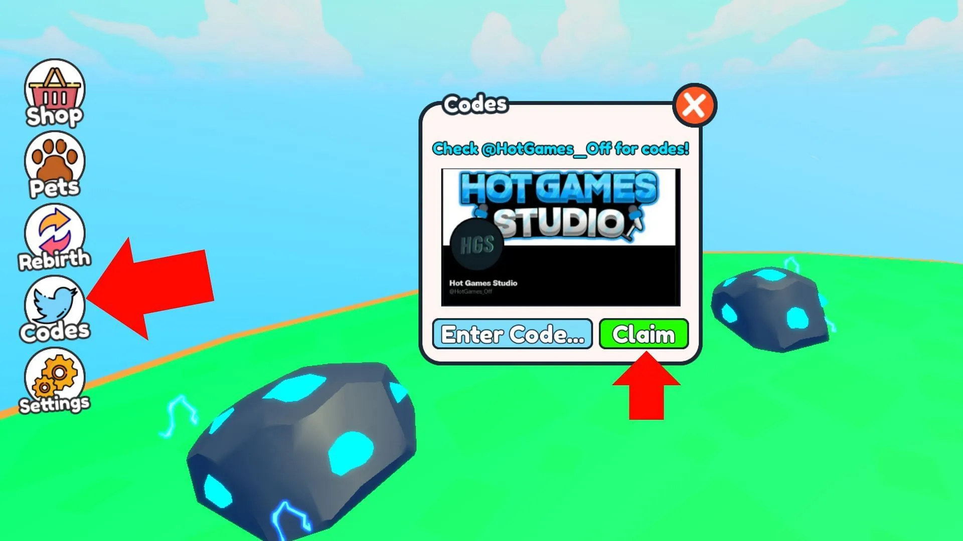 The Codes button is indicated by the old Twitter bird icon (Image via Roblox) The Codes button is indicated by the old Twitter bird icon (Image via Roblox)