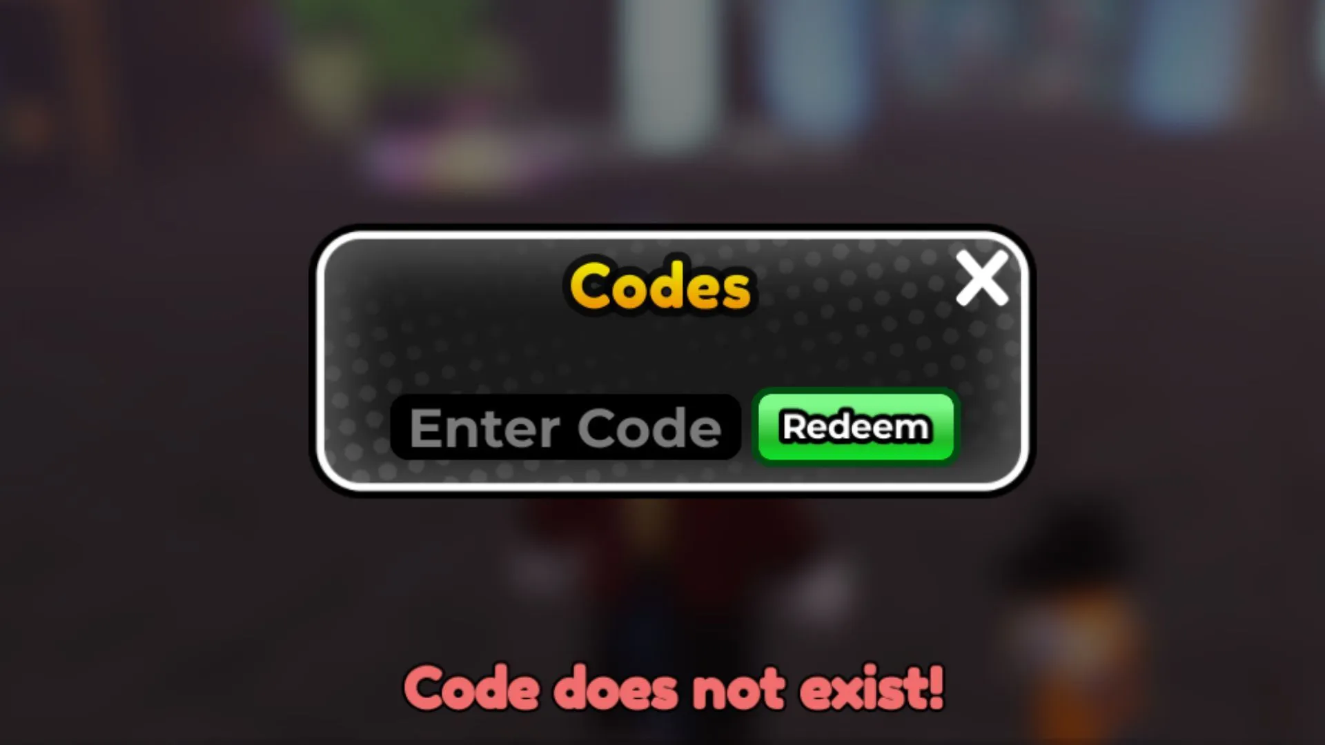 The 'Code does not exist!' error in Anime Siege (Image via Roblox)