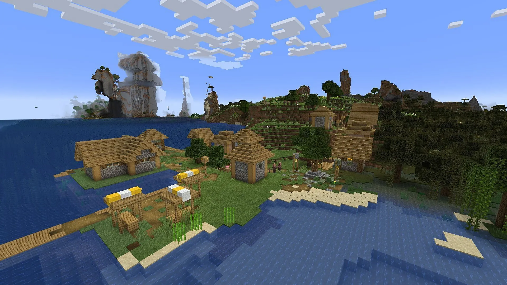 The unique locations make this one of the best Minecraft coastal village seeds (Image via Sportskeeda Gaming || Mojang Studios) The unique locations make this one of the best Minecraft coastal village seeds (Image via Sportskeeda Gaming || Mojang Studios)