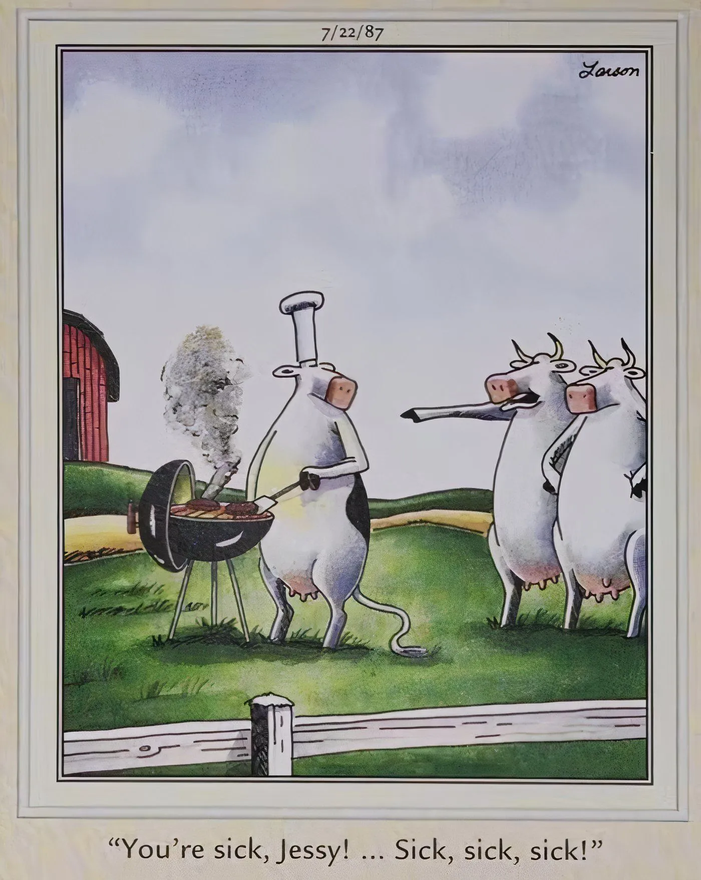 A cow grilling hamburgers while being shamed by other cows in The Far Side. A cow grilling hamburgers while being shamed by other cows in The Far Side.