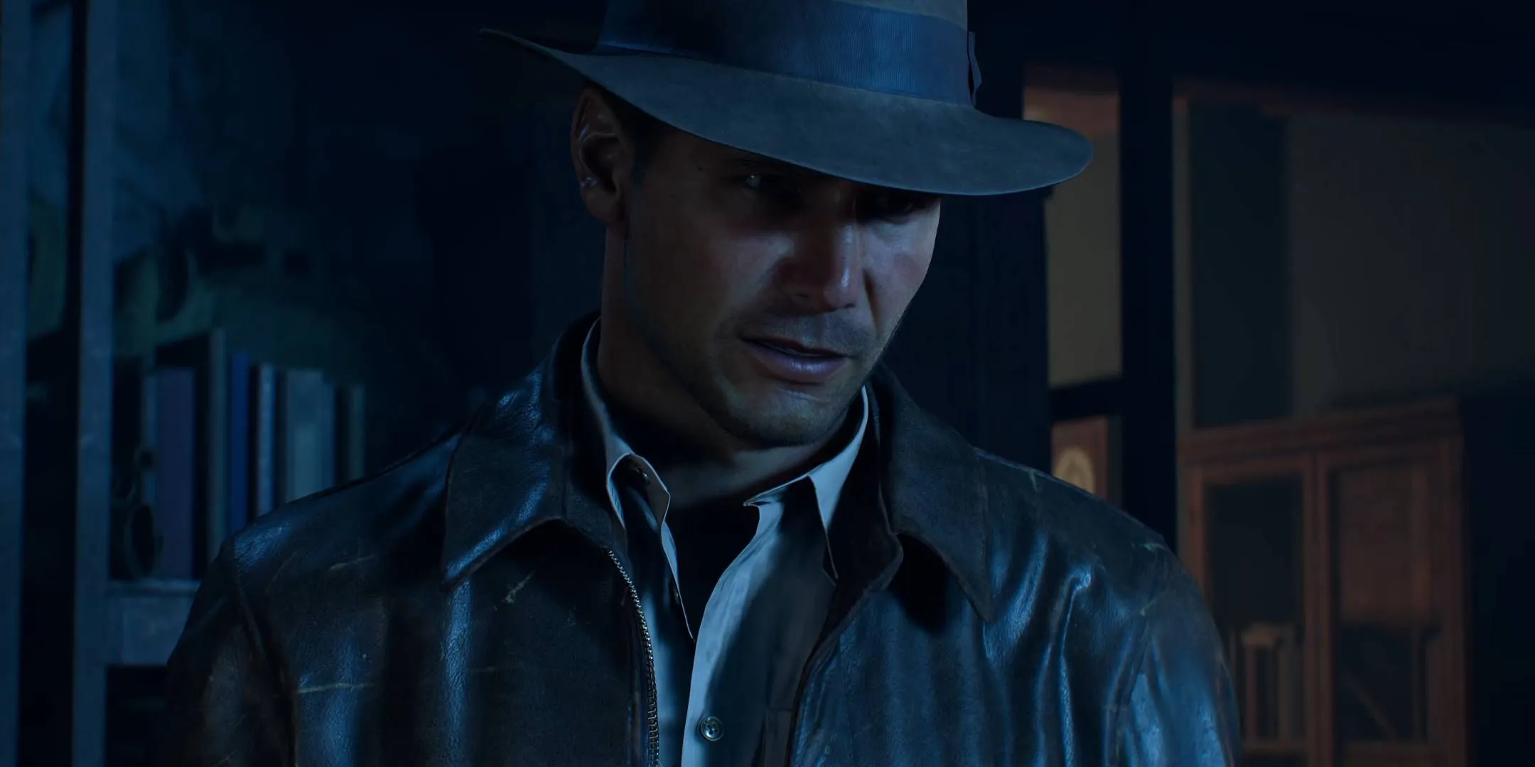 Indiana Jones in a shadowy room looking perplexed Indiana Jones in a shadowy room looking perplexed