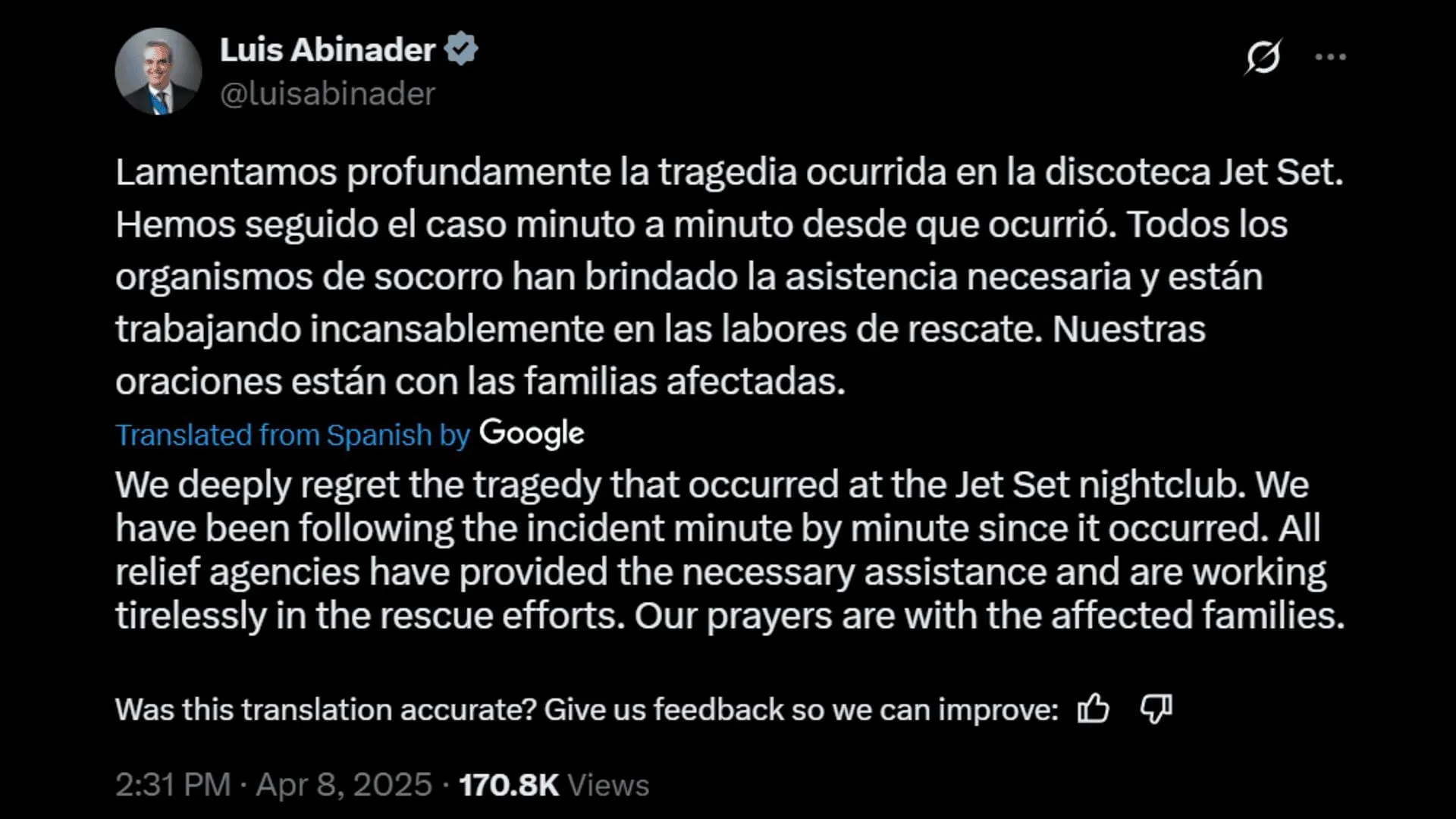 Dominican President addresses the nightclub roof collapse. (Image via X) Dominican President addresses the nightclub roof collapse. (Image via X)