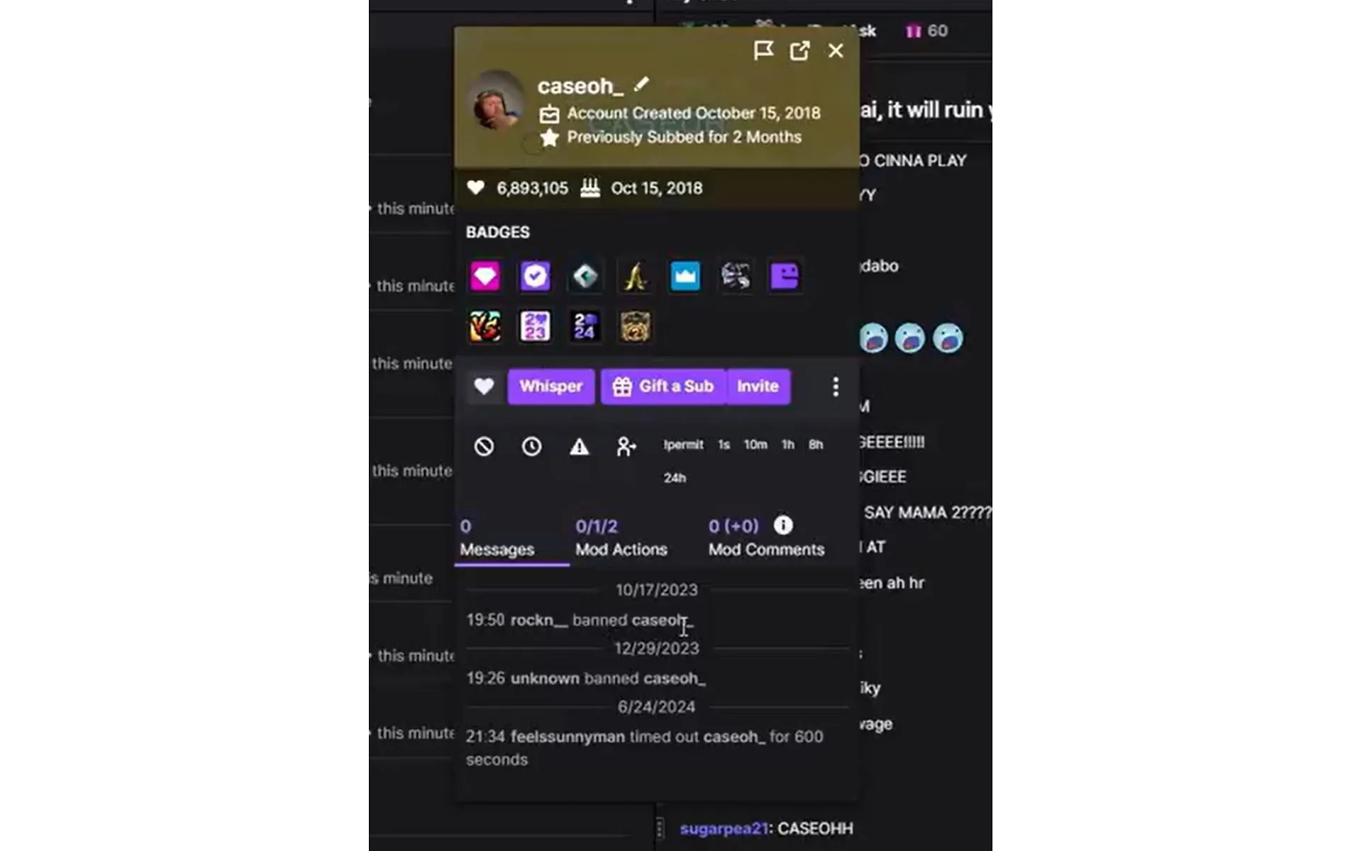A screenshot from Cenat's livestream depicting the moderators banning CaseOh in 2023
