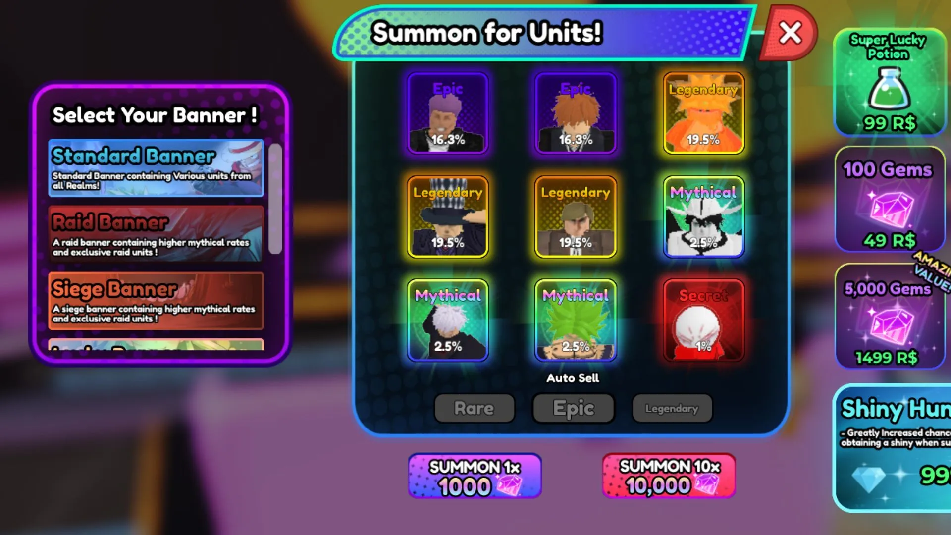 Use Gems to obtain units from different banners (Image via Roblox)