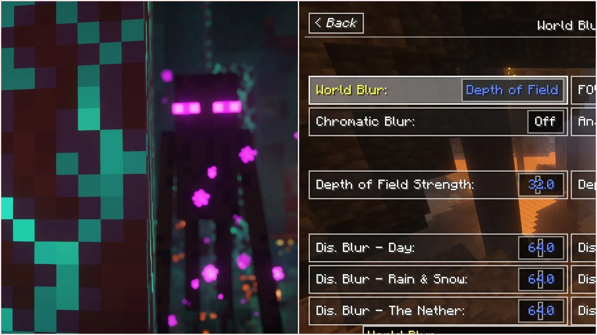 Depth of field setting blurs out areas that players are not focusing on with their crosshairs (Image via Sportskeeda Gaming/Mojang Studios) Depth of field setting blurs out areas that players are not focusing on with their crosshairs (Image via Sportskeeda Gaming/Mojang Studios)