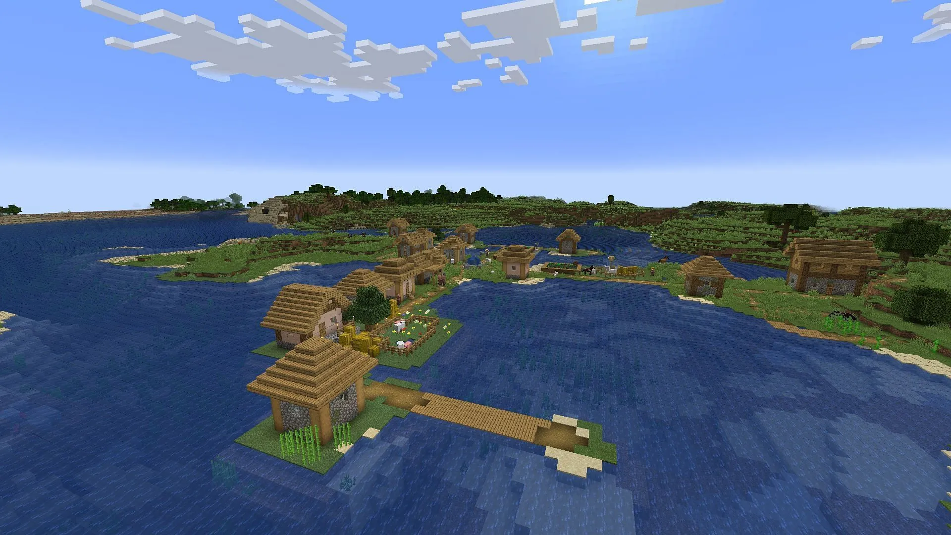 The positioning of the water as a barricade easily makes this one of the best Minecraft coastal village seeds (Image via Sportskeeda Gaming || Mojang Studios) The positioning of the water as a barricade easily makes this one of the best Minecraft coastal village seeds (Image via Sportskeeda Gaming || Mojang Studios)