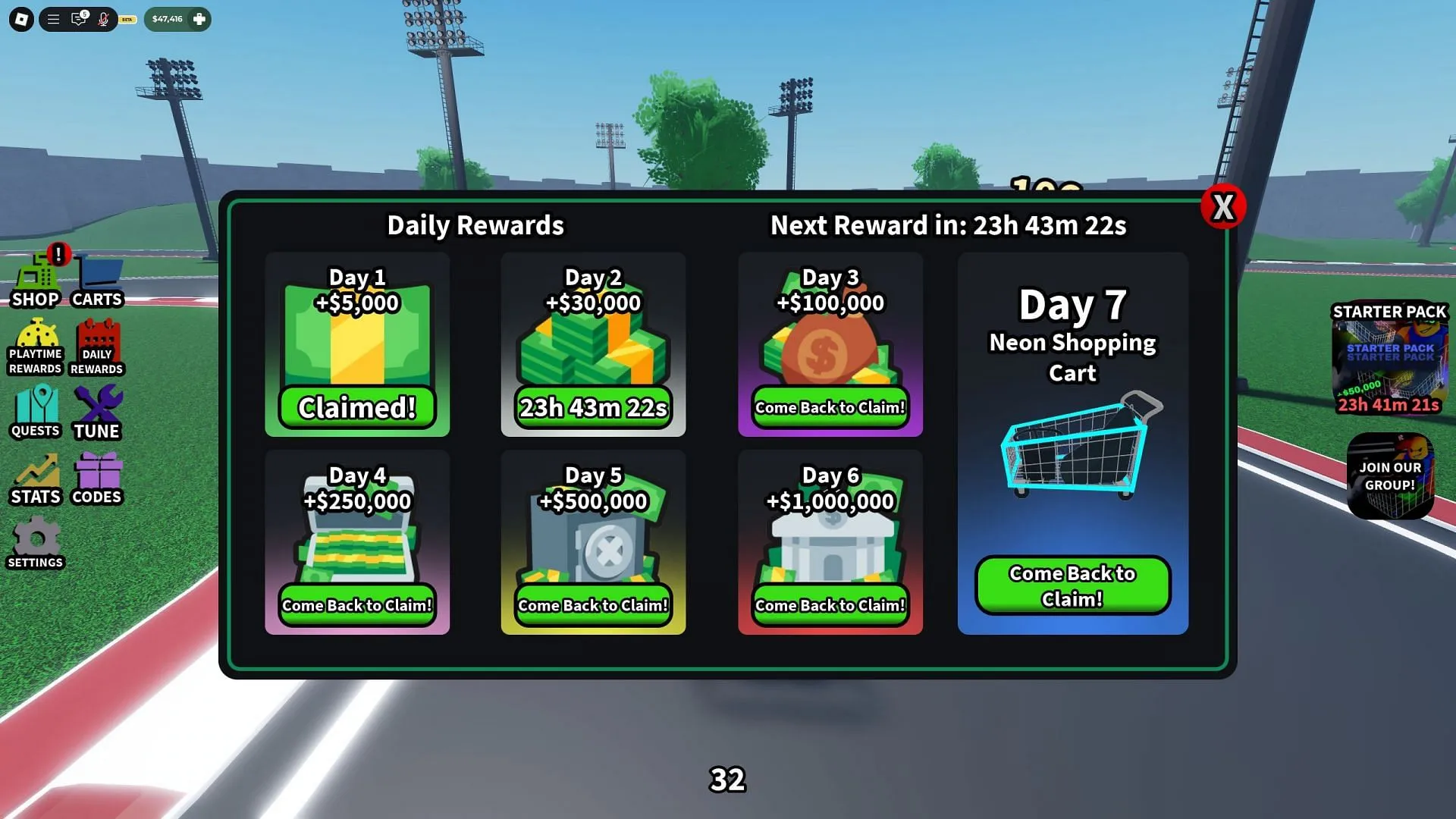 Daily rewards in Drift Carts (Image via Roblox)