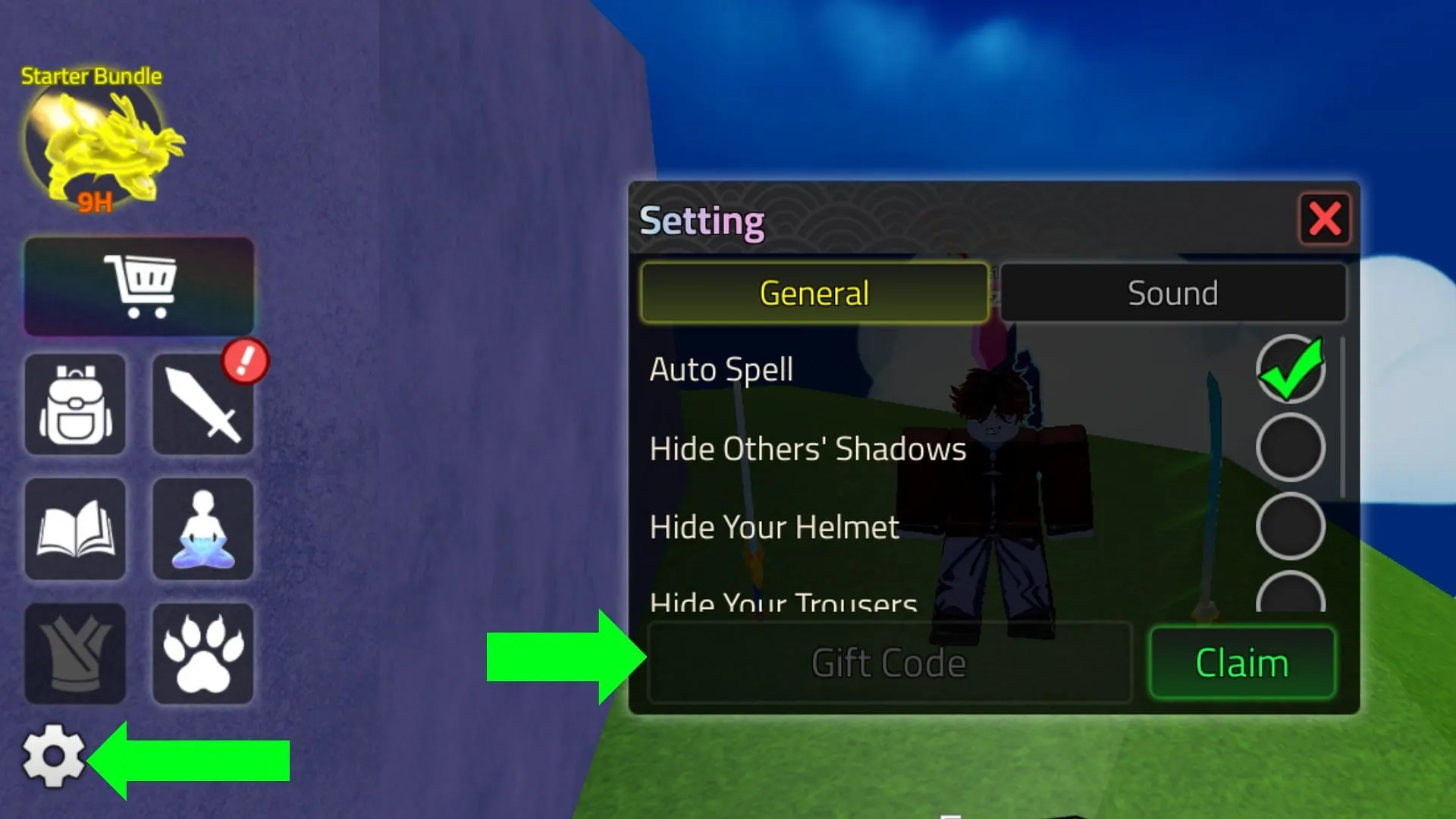 The "Setting" tab is indicated by a gear icon (Image via Roblox) The "Setting" tab is indicated by a gear icon (Image via Roblox)