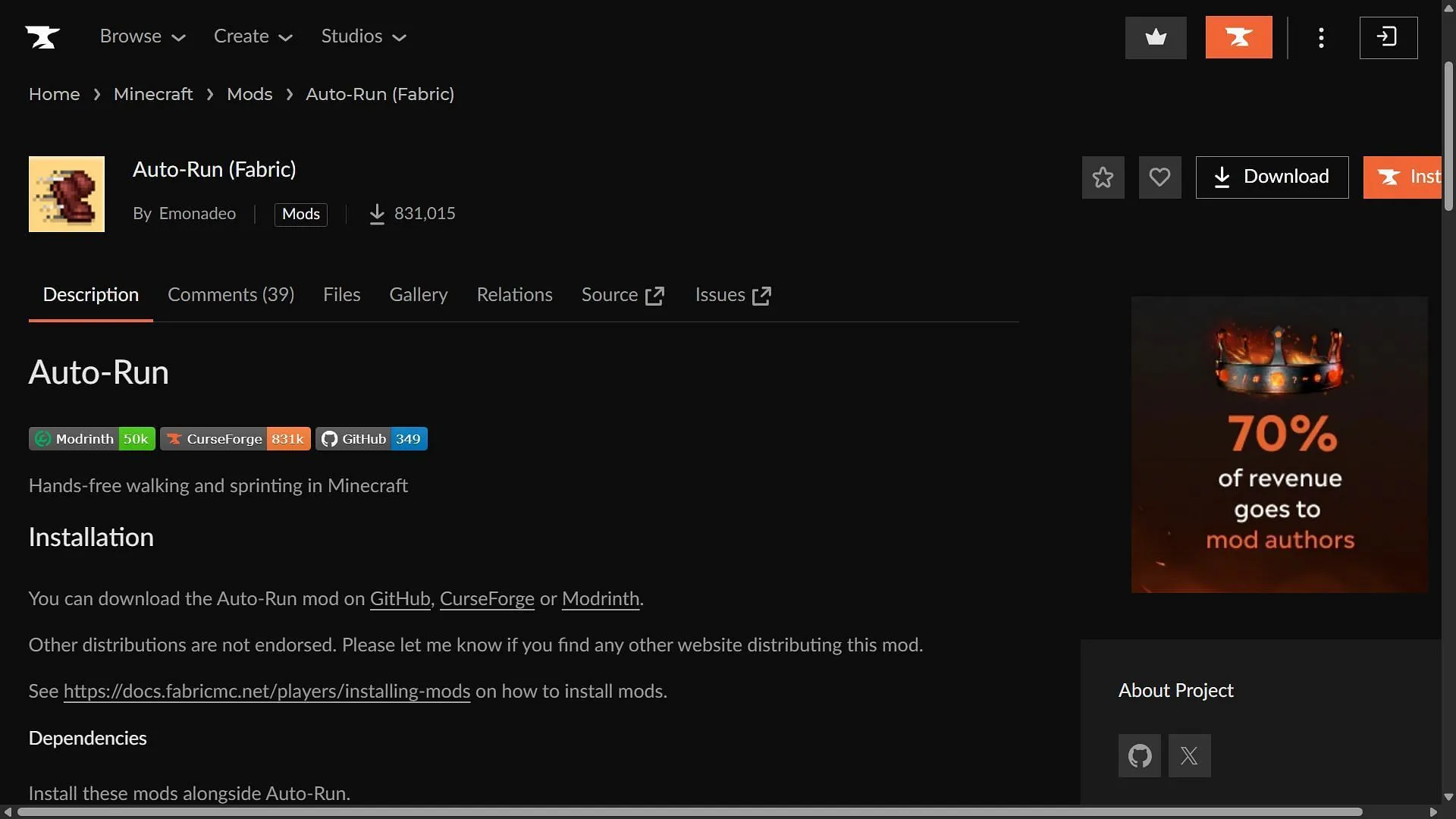 Auto-Run can be downloaded for Fabric modloader from CurseForge. (Image via CurseForge) Auto-Run can be downloaded for Fabric modloader from CurseForge. (Image via CurseForge)