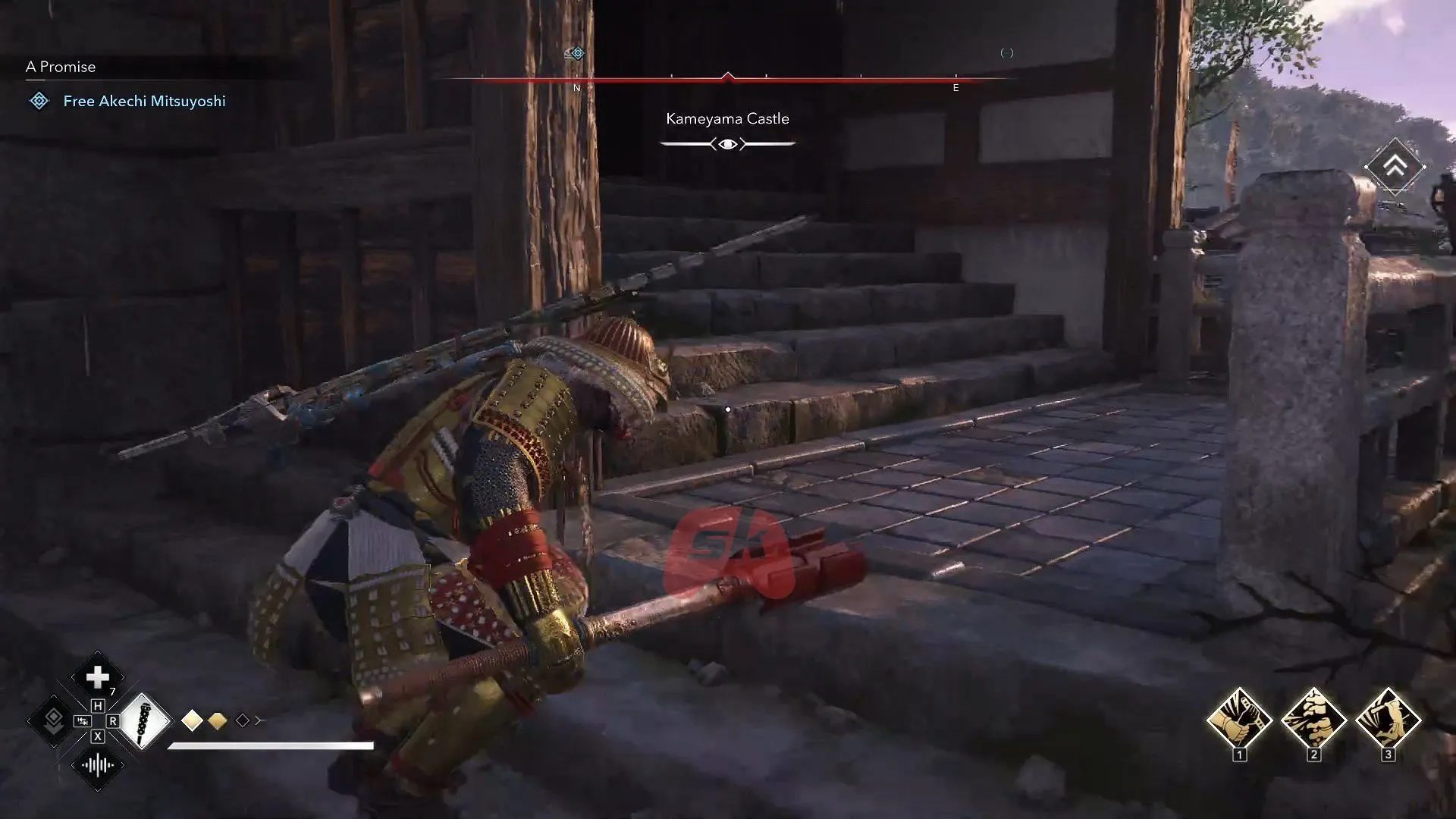 Go inside the tower to locate Mitsuyoshi (Image via Sportskeeda Gaming // Ubisoft) Go inside the tower to locate Mitsuyoshi (Image via Sportskeeda Gaming // Ubisoft)