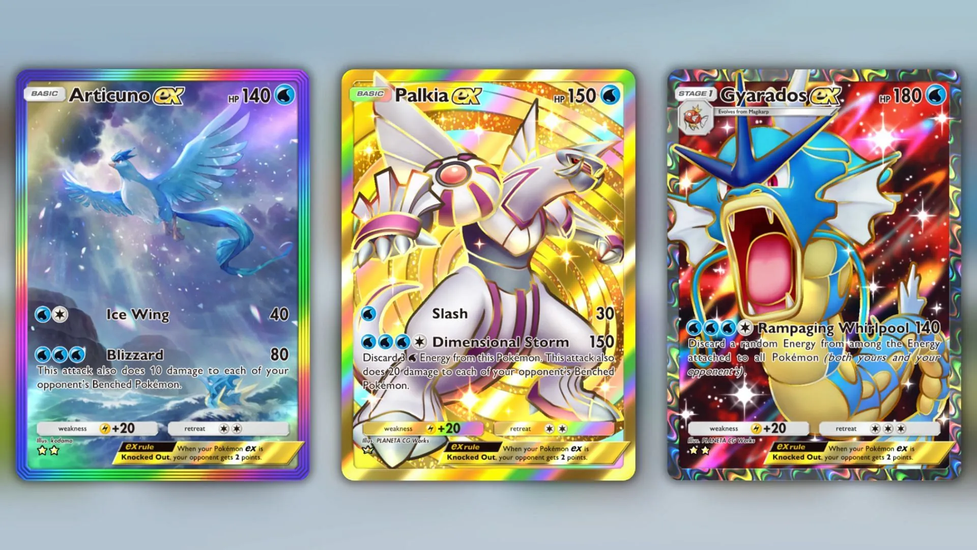 Articuno ex, Palkia ex, and Gyarados ex (Image via The Pokemon Company)