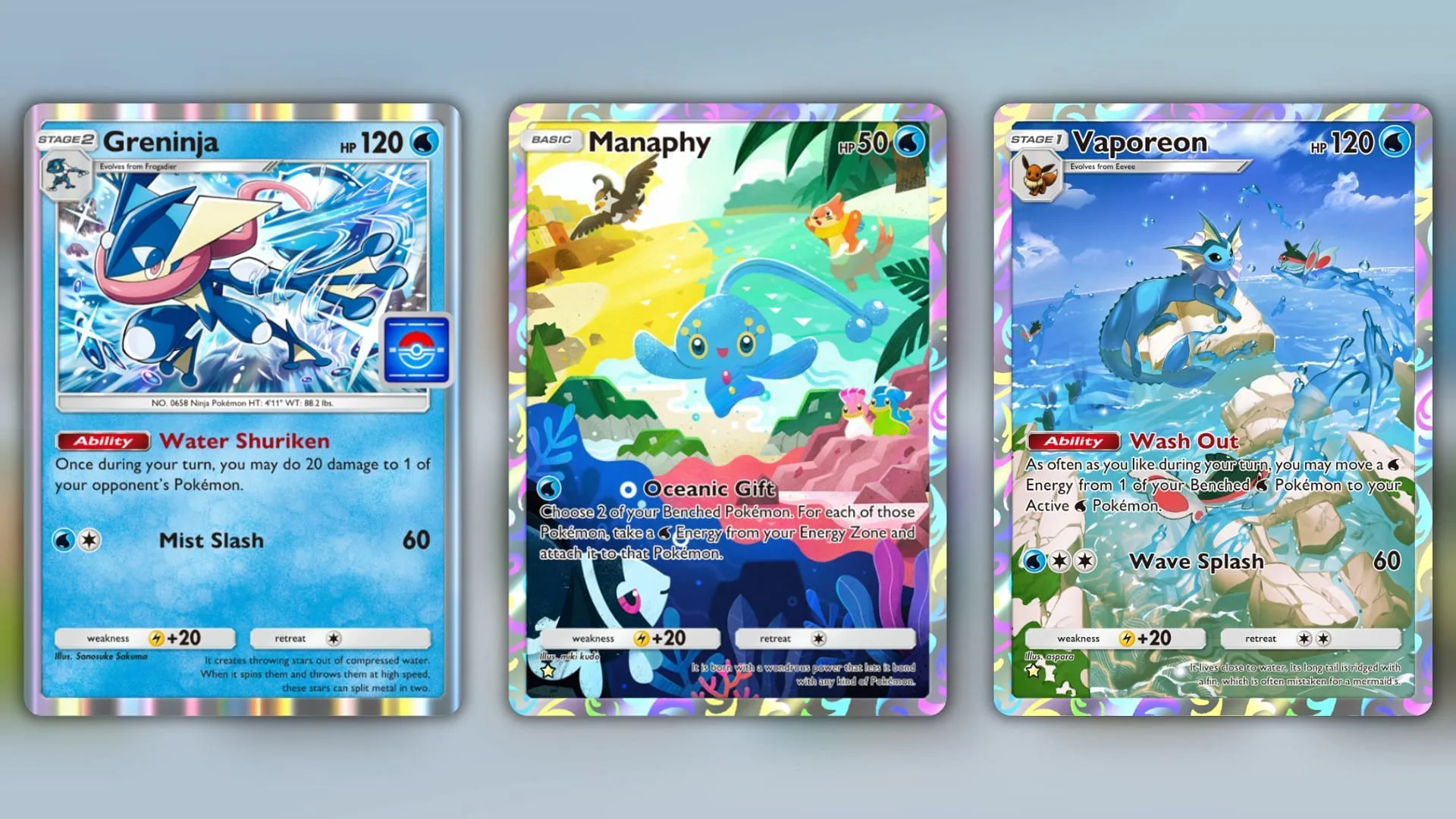 Greninja, Manaphy, and Vaporeon (Image via The Pokemon Company)