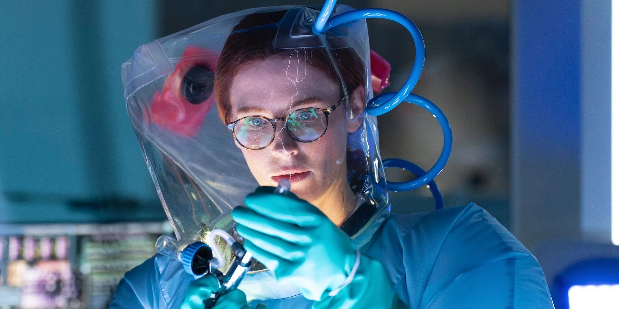 Bridget Regan as Moira in 9-1-1 season 8, episode 14 wearing protective lab gear. Bridget Regan as Moira in 9-1-1 season 8, episode 14 wearing protective lab gear.
