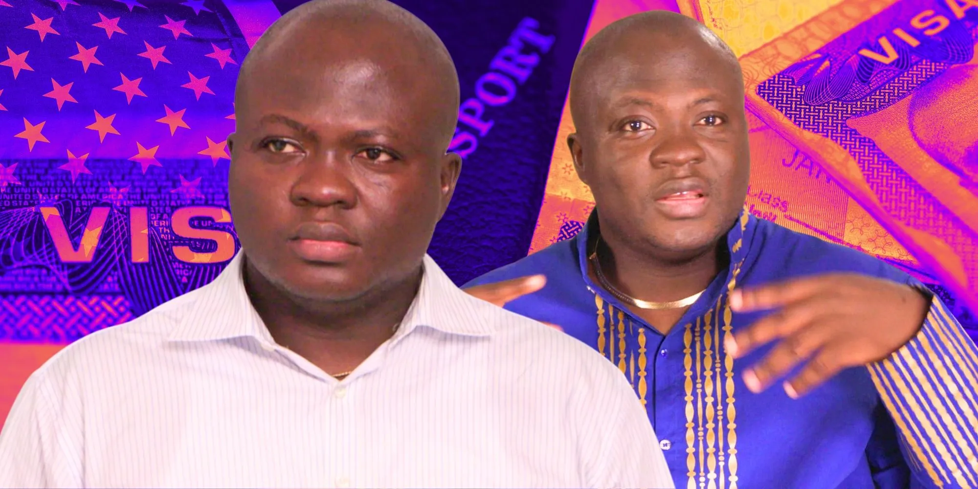 Michael Ilesanmi with a serious expression featuring visa and passport.