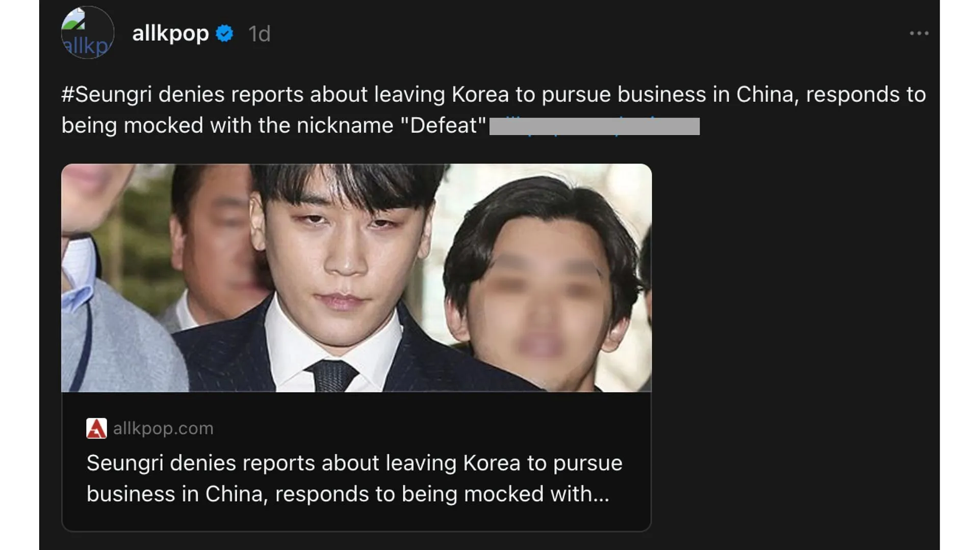 Seungri refutes claims of leaving Korea and setting up new business. (Image via Threads/@allkpop) Seungri refutes claims of leaving Korea and setting up new business. (Image via Threads/@allkpop)