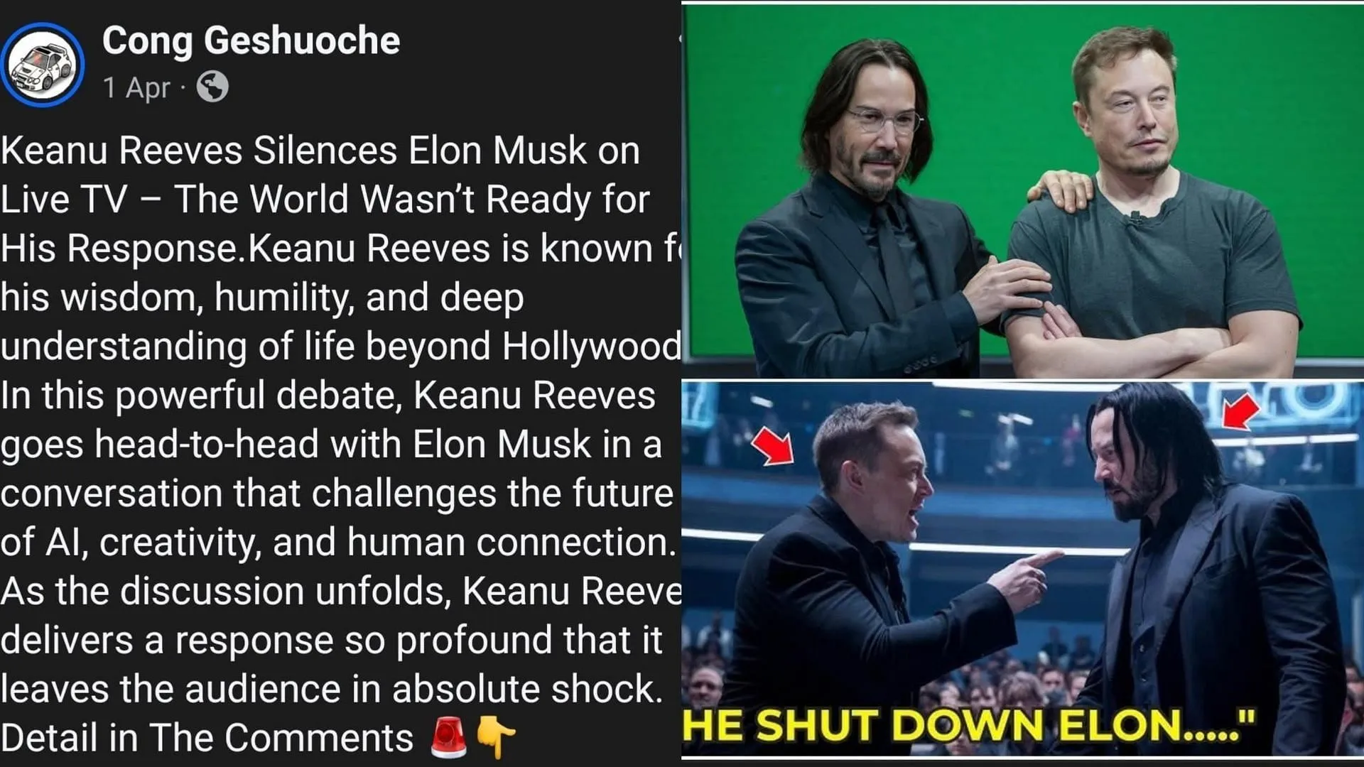 Keanu Reeves did not debate with Elon Musk about AI. (Image via Facebook)