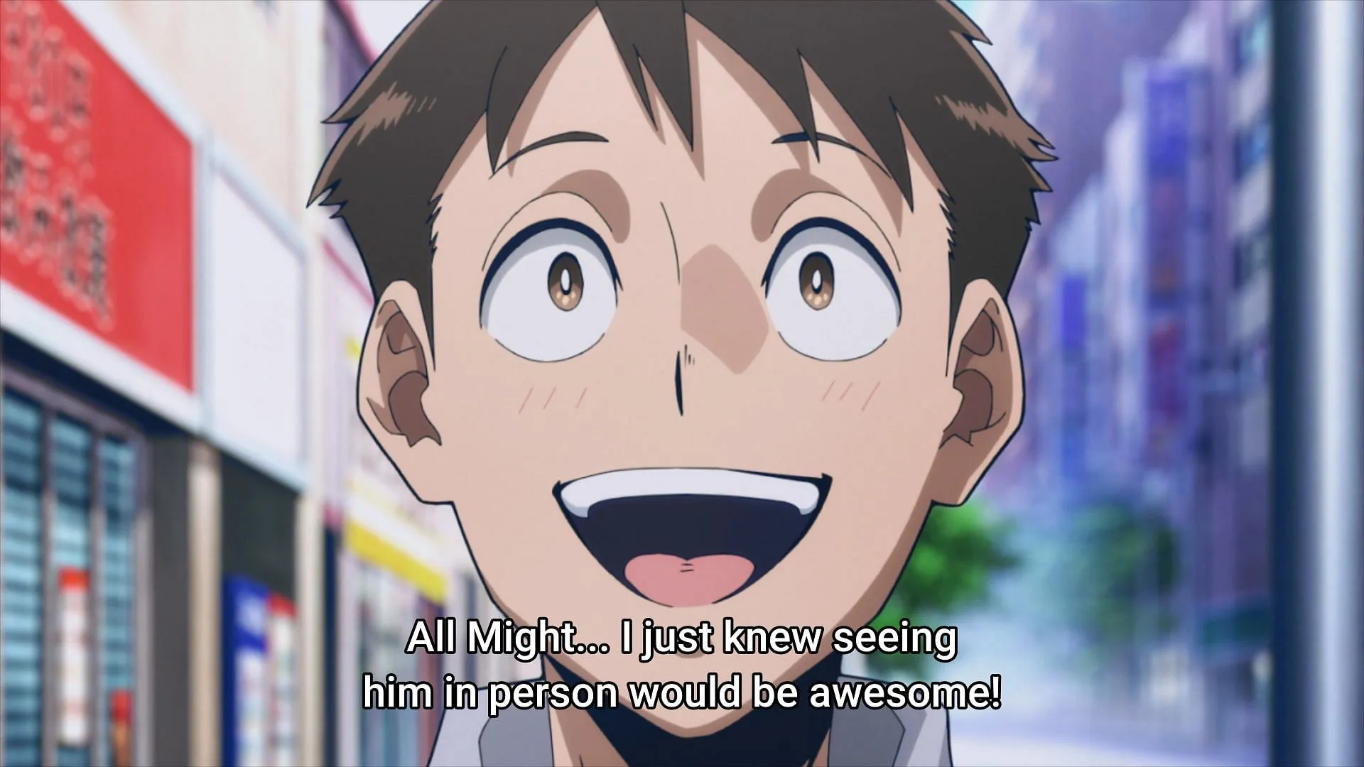 An excited Koichi watching All Might in action in My Hero Academia: Vigilantes episode 1 (Image via Bones Film)