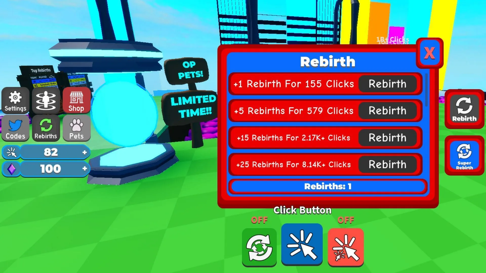 Perform Rebirths after gaining a set number of Clicks (Image via Roblox) Perform Rebirths after gaining a set number of Clicks (Image via Roblox)