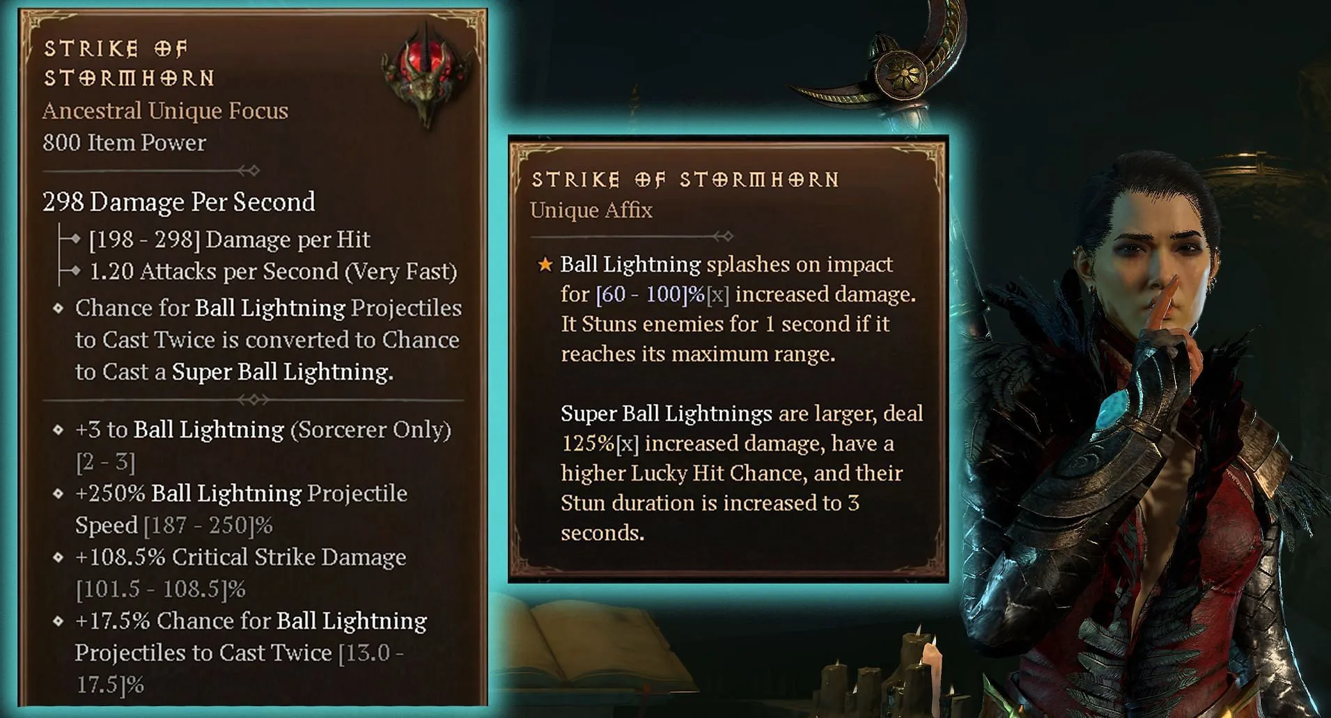 Stats and Unique Effect of the Strike of Stormhorn Unique Focus (Image via Blizzard Entertainment)