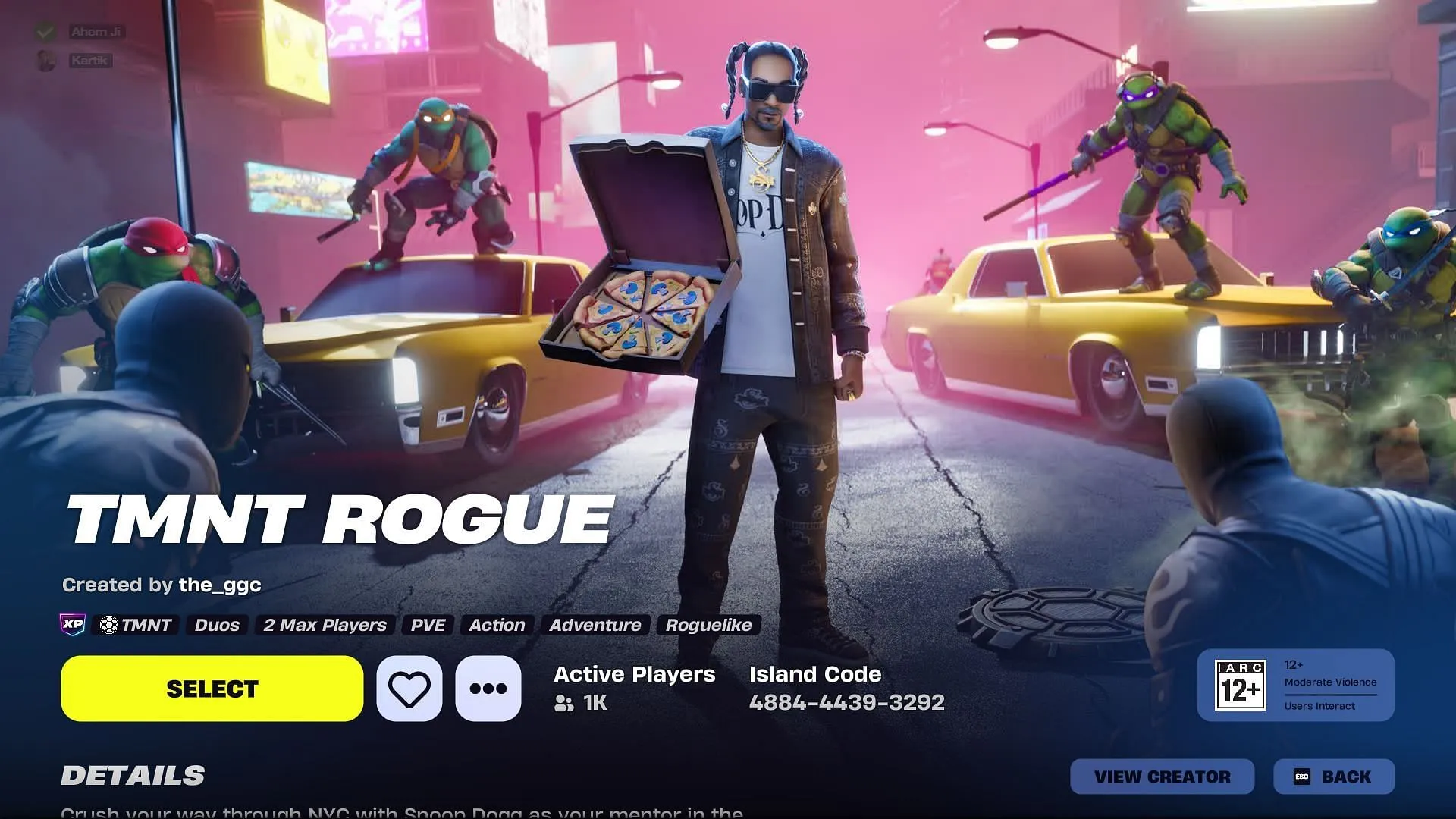 Selecting the Fortnite TMNT Rogue map Selecting the Fortnite TMNT Rogue map