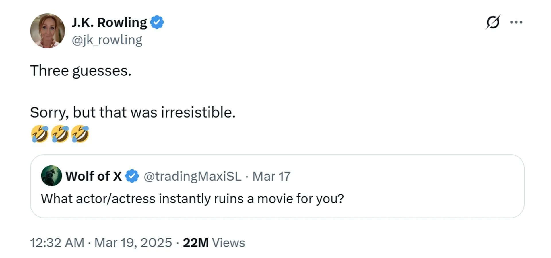 A comment reacting to the news (Image via X/ @jk_rowling)