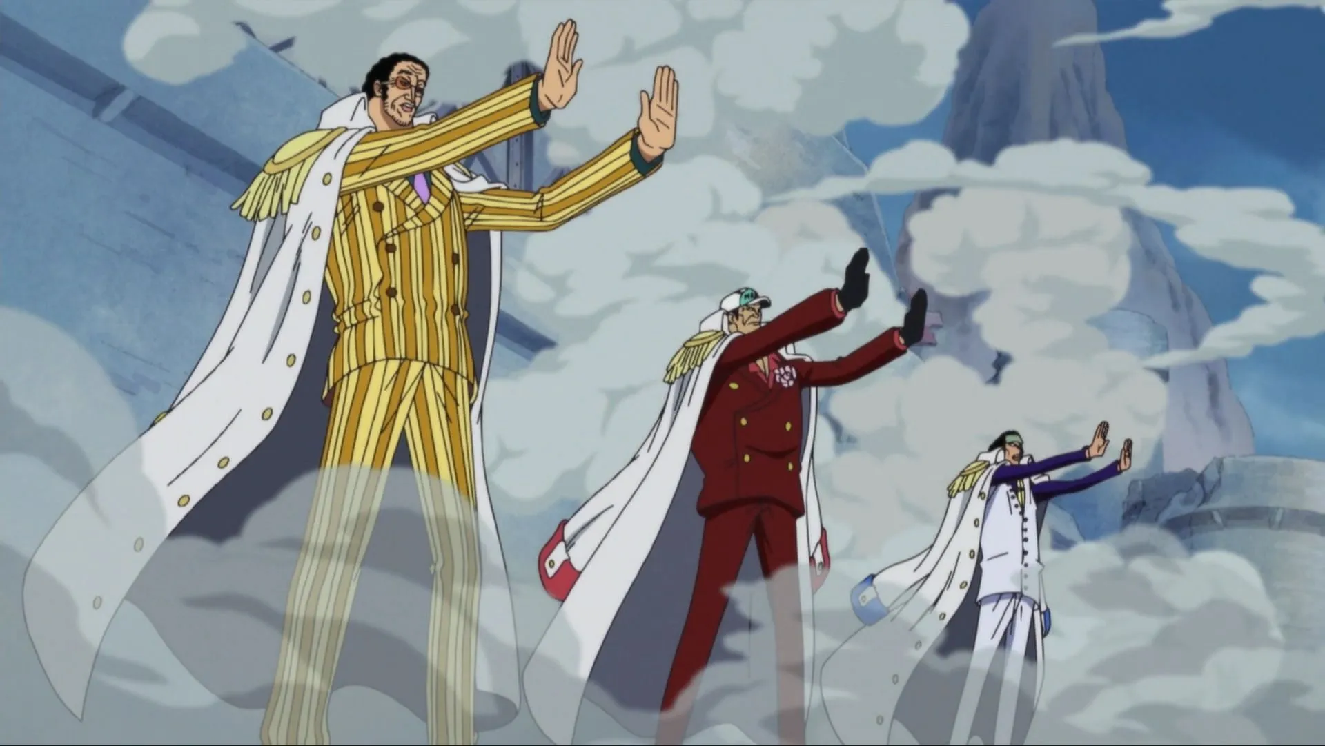 The Three Pre-Timeskip Marine Admirals: Kizaru, Akainu, and Aokiji (Image via Toei Animation) The Three Pre-Timeskip Marine Admirals: Kizaru, Akainu, and Aokiji (Image via Toei Animation)