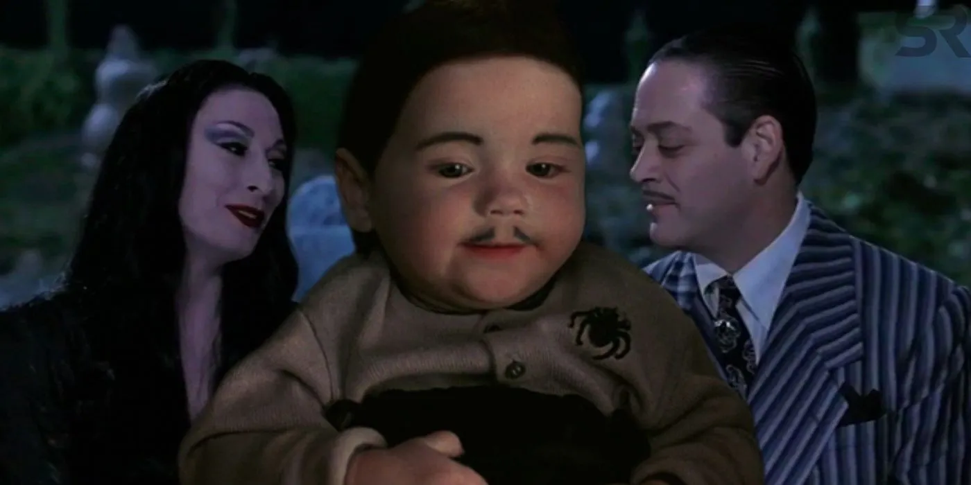 A blended image features Morticia, Pubert, and Gomez Addams in The Addams Family Values A blended image features Morticia, Pubert, and Gomez Addams in The Addams Family Values