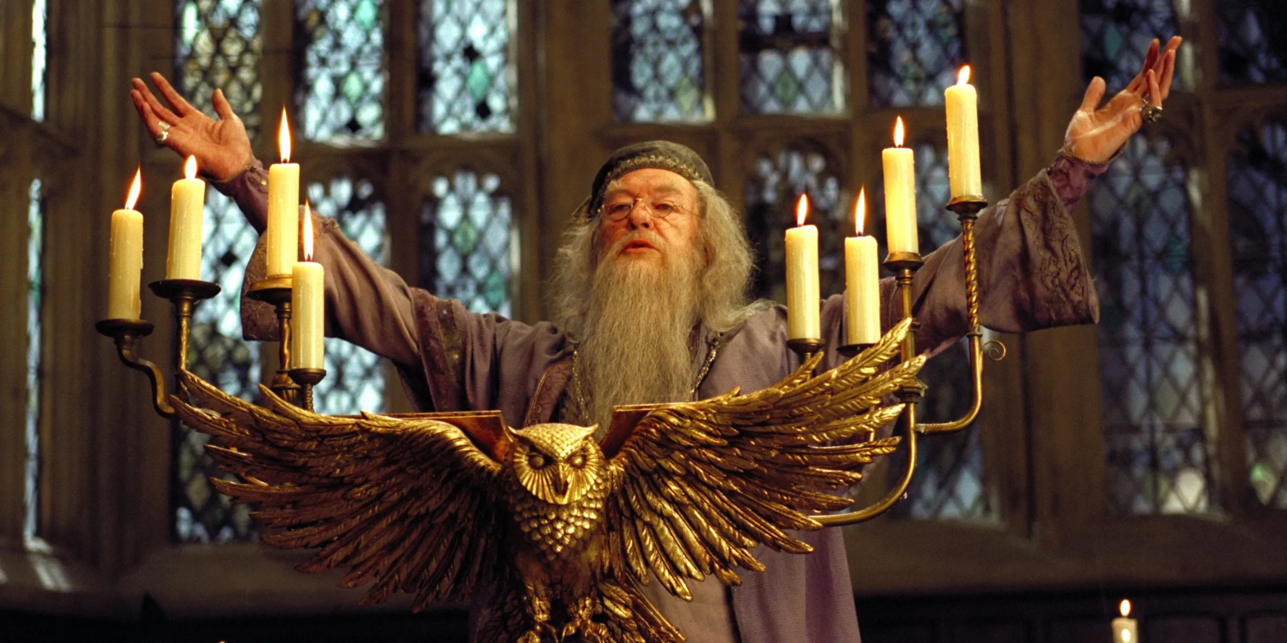 Albus Dumbledore addressing students in the Great Hall.