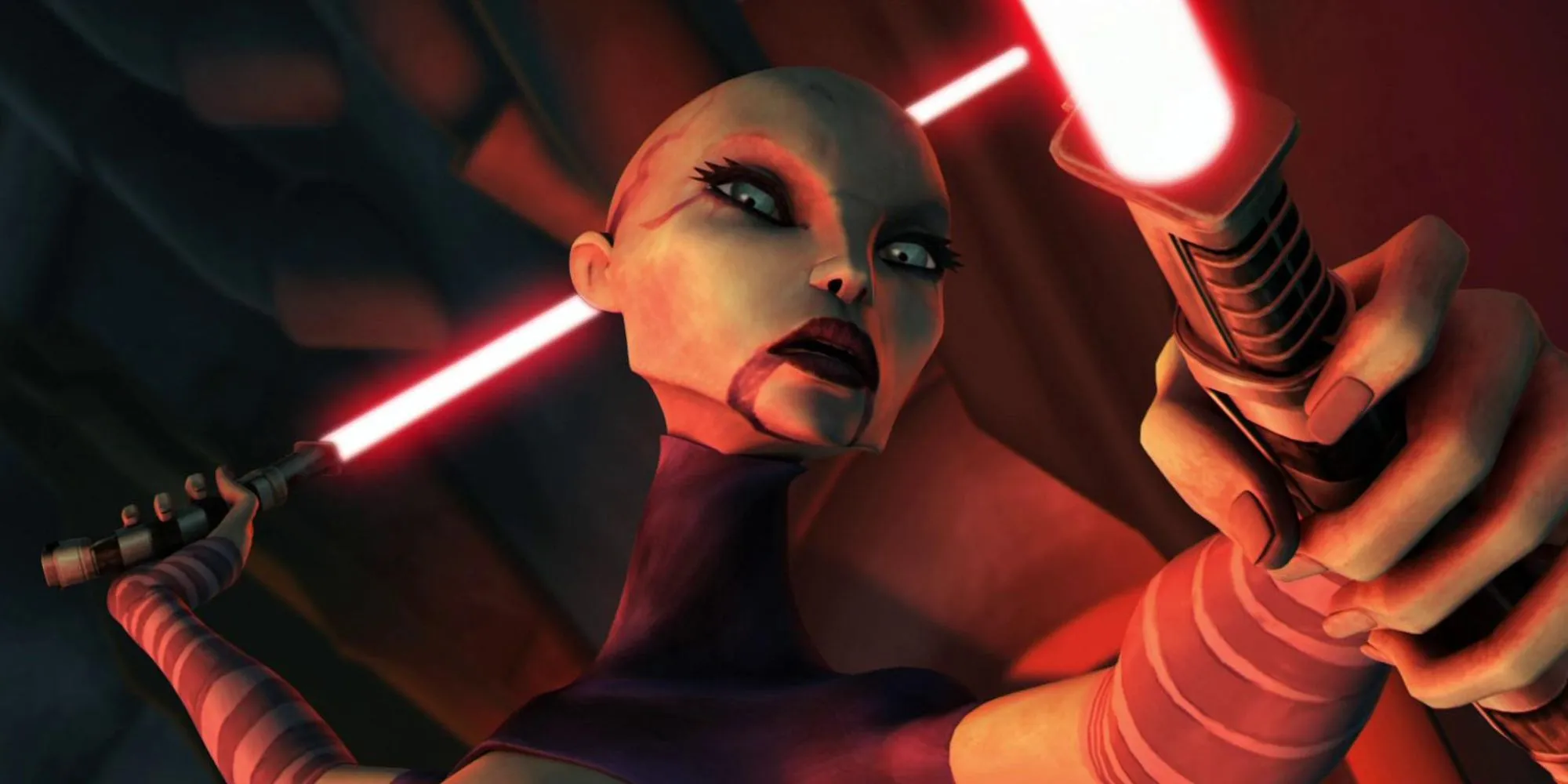 Asajj Ventress with her twin lightsabers in Star Wars: The Clone Wars Asajj Ventress with her twin lightsabers in Star Wars: The Clone Wars