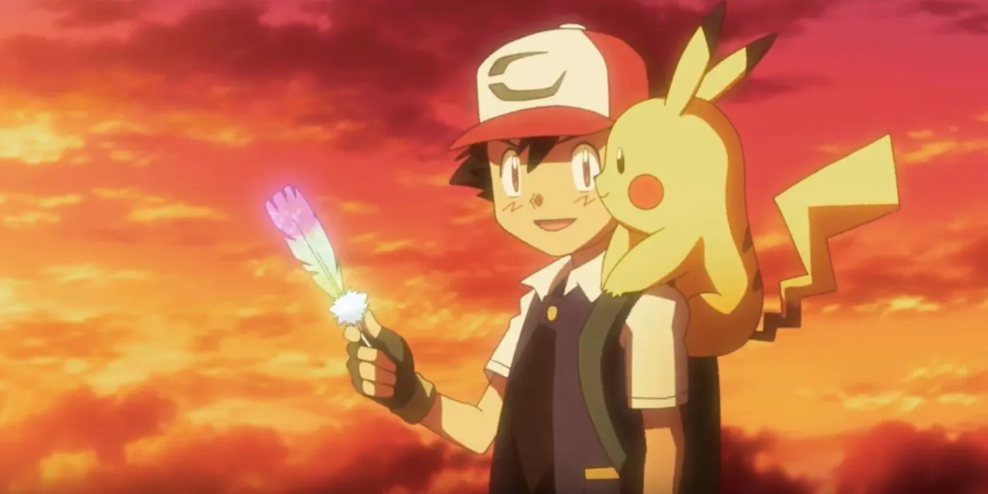 The Pokemon Movie: I Choose You, Pikachu on Ash's shoulder as he holds Ho-Oh's rainbow feather.