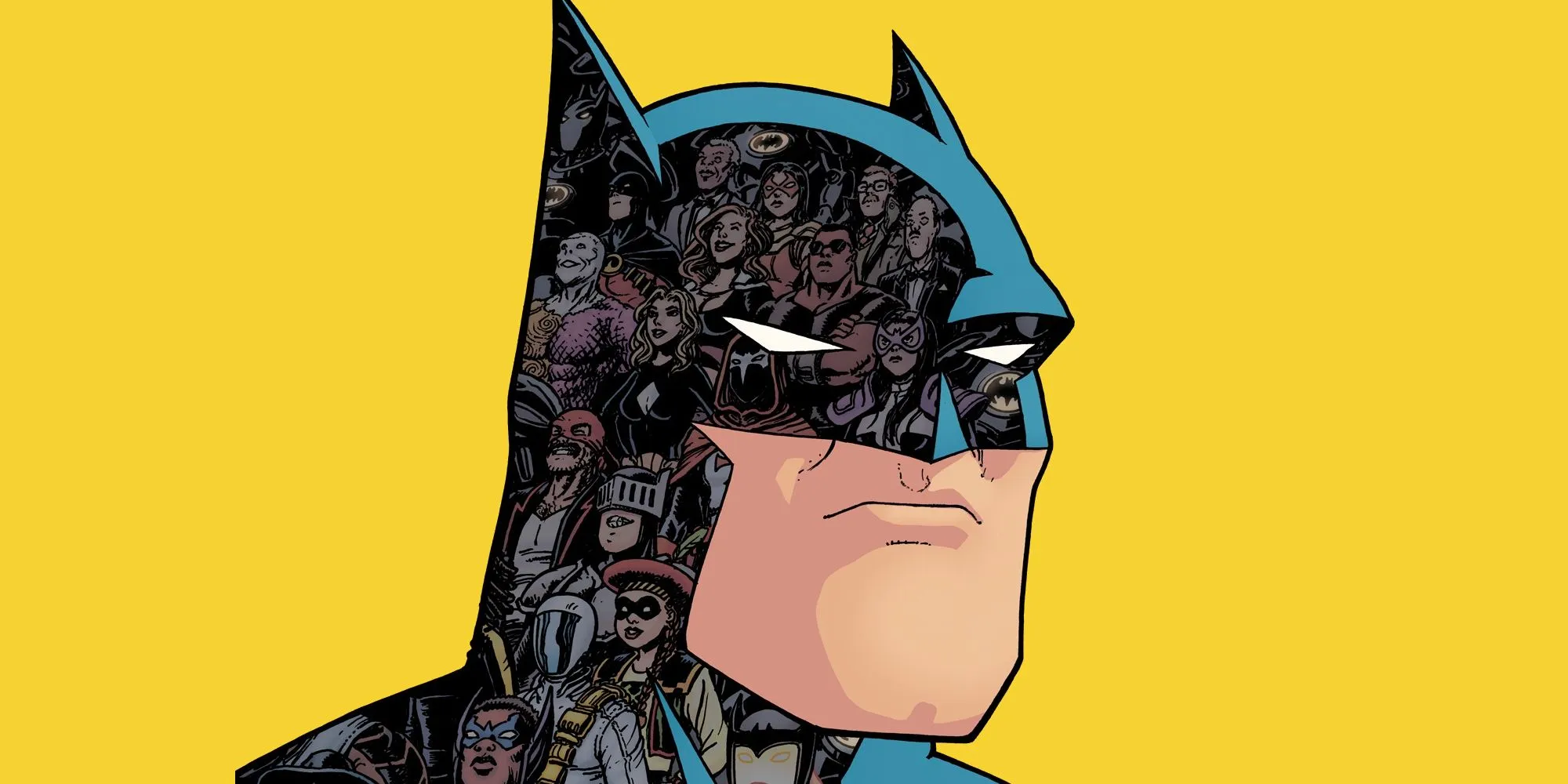 Comic book art: Batman scowls over a yellow background. A number of Bat-Family characters appear as reflections in his cowl. Comic book art: Batman scowls over a yellow background. A number of Bat-Family characters appear as reflections in his cowl.