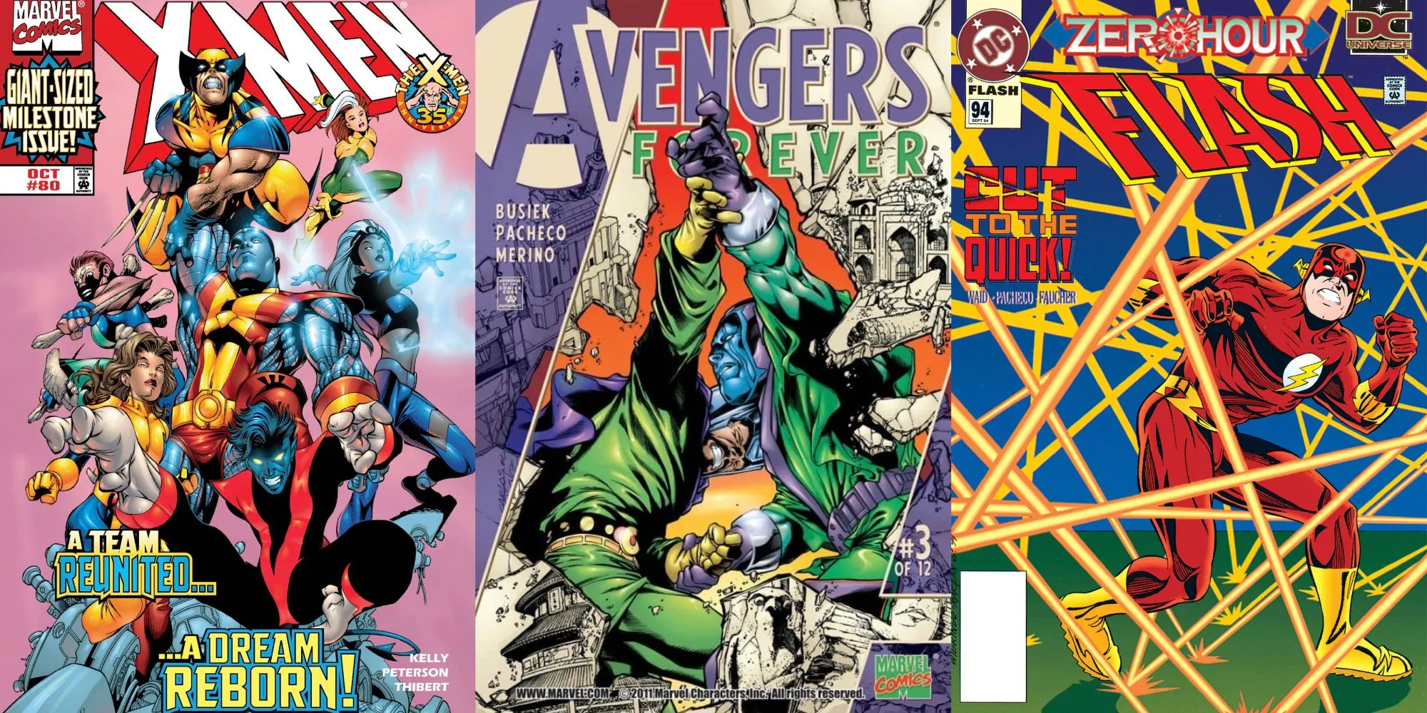 Collage of comic covers including X-Men #80, Avengers Forever #3, and The Flash #94 Collage of comic covers including X-Men #80, Avengers Forever #3, and The Flash #94