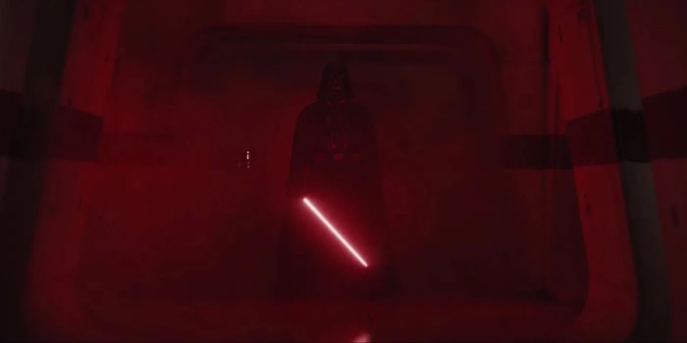 Darth Vader in the Rogue One hallway scene wielding his red lightsaber