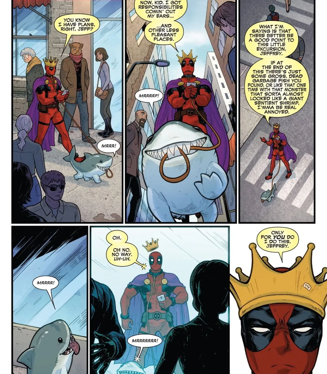 Deadpool walking Jeff the Land Shark Deadpool walking Jeff the Land Shark