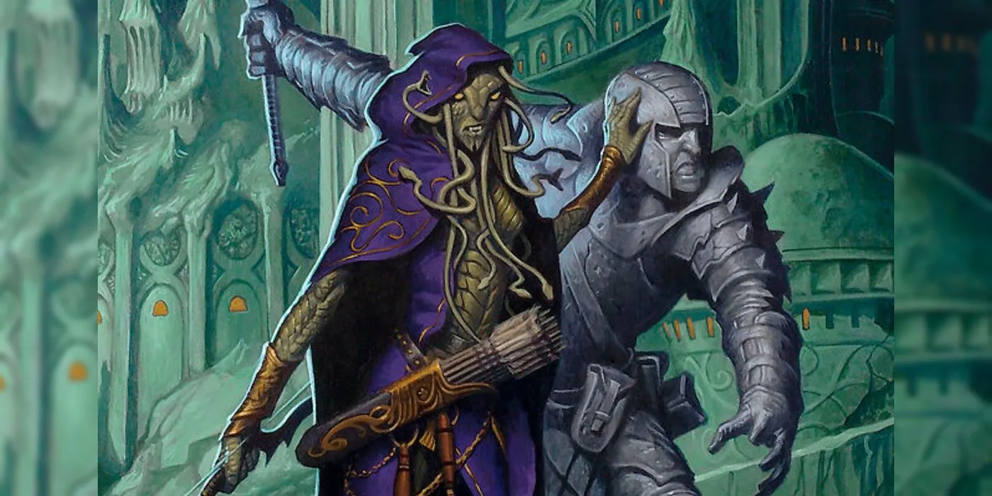 Two villainous-looking D&D characters peering around a corner. Two villainous-looking D&D characters peering around a corner.