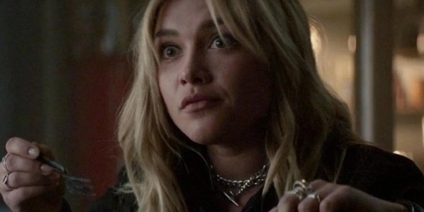 Florence Pugh as Yelena Belova eating macaroni in Hawkeye. Florence Pugh as Yelena Belova eating macaroni in Hawkeye.