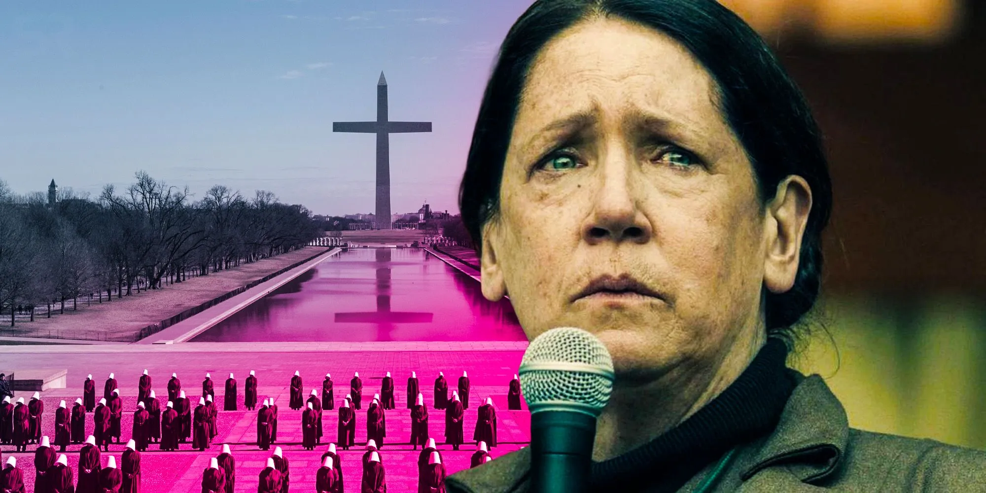 Aunt Lydia distressed while Handmaids stand before a cross