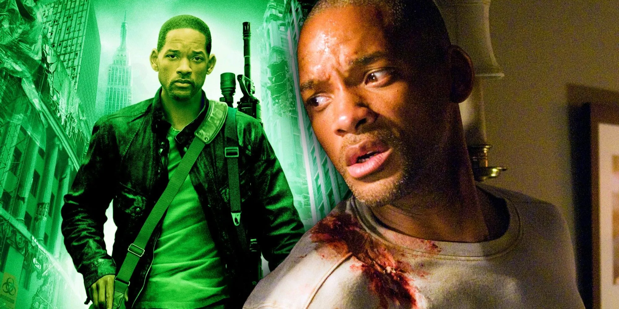 A composite image of Neville walking with an image of Neville looking frightened in I Am Legend A composite image of Neville walking with an image of Neville looking frightened in I Am Legend