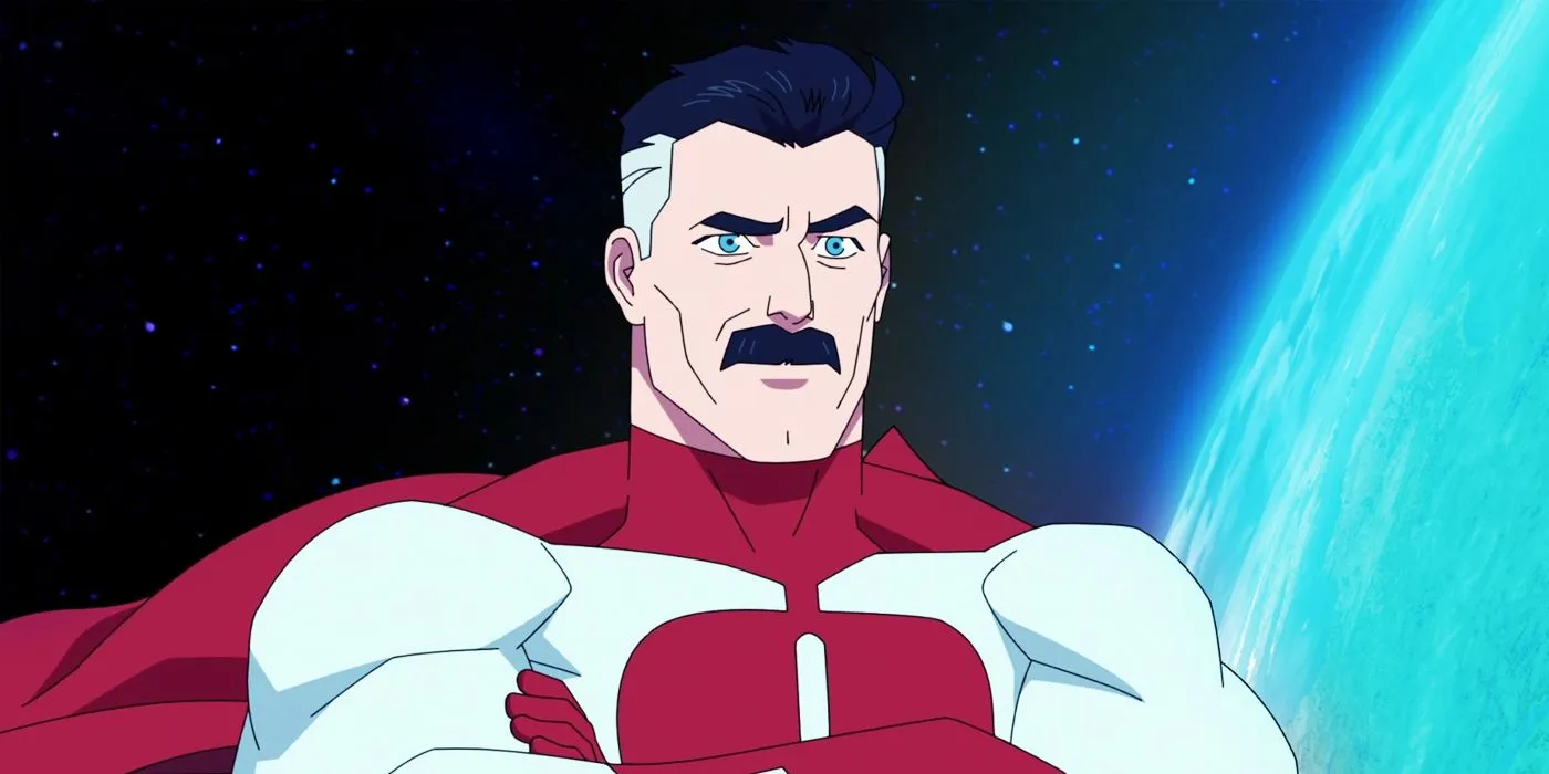 Invincible's Omni-Man standing with arms crossed, in orbit of a planet against a starry backdrop Invincible's Omni-Man standing with arms crossed, in orbit of a planet against a starry backdrop